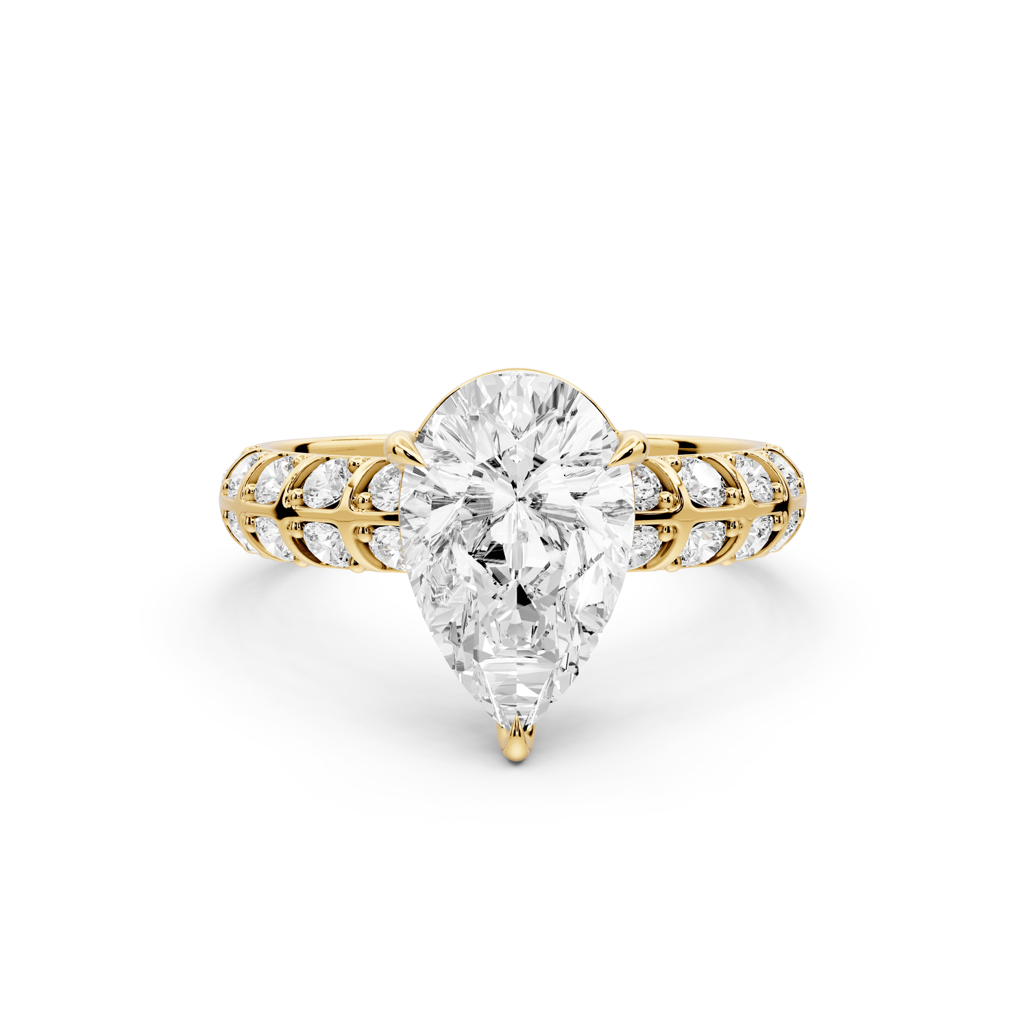 Jessica - 2ct 18k yellow gold Pear Split-Shank Engagement Ring with Double-Row Shared-Prong Pavé Band - Mr. Alex Jewelry