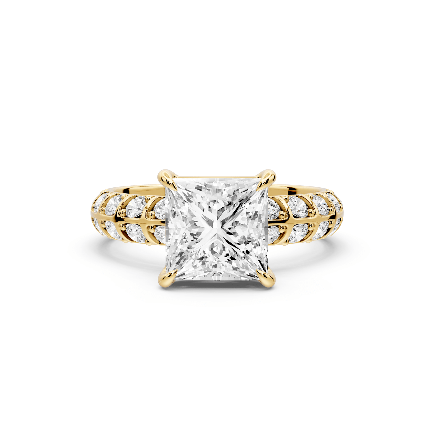 Jessica - 2ct 18k yellow gold Princess Split-Shank Engagement Ring with Double-Row Shared-Prong Pavé Band - Mr. Alex Jewelry