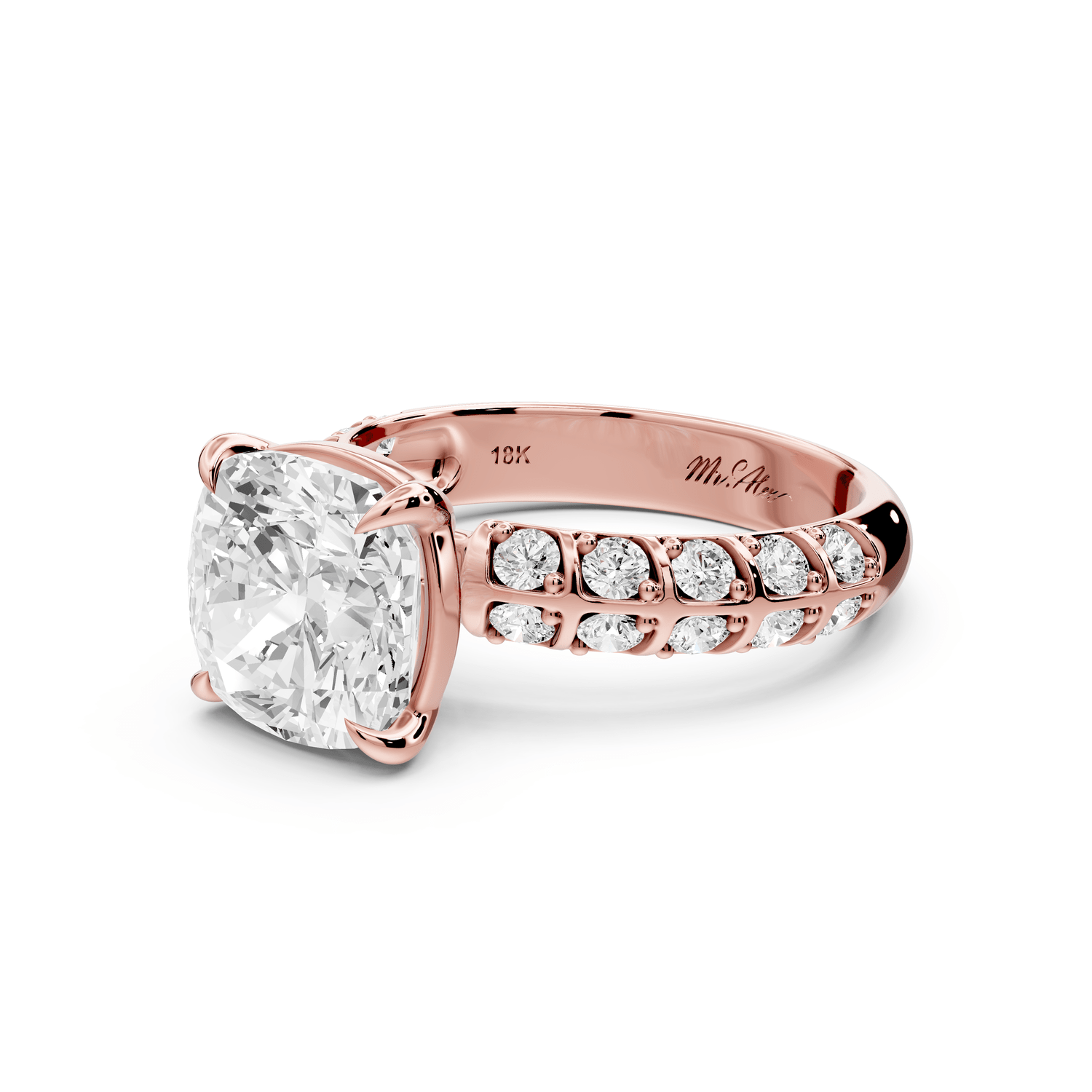 Jessica - 3ct 14k rose gold Cushion Split-Shank Engagement Ring with Double-Row Shared-Prong Pavé Band - Mr. Alex Jewelry