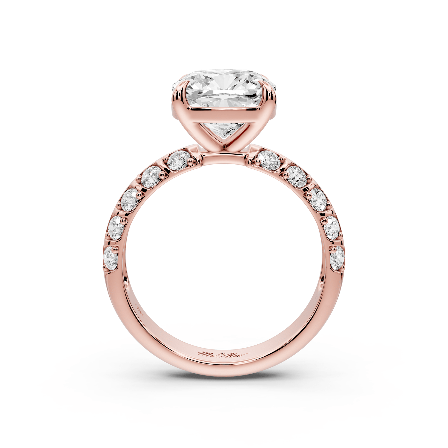 Jessica - 3ct 14k rose gold Cushion Split-Shank Engagement Ring with Double-Row Shared-Prong Pavé Band - Mr. Alex Jewelry