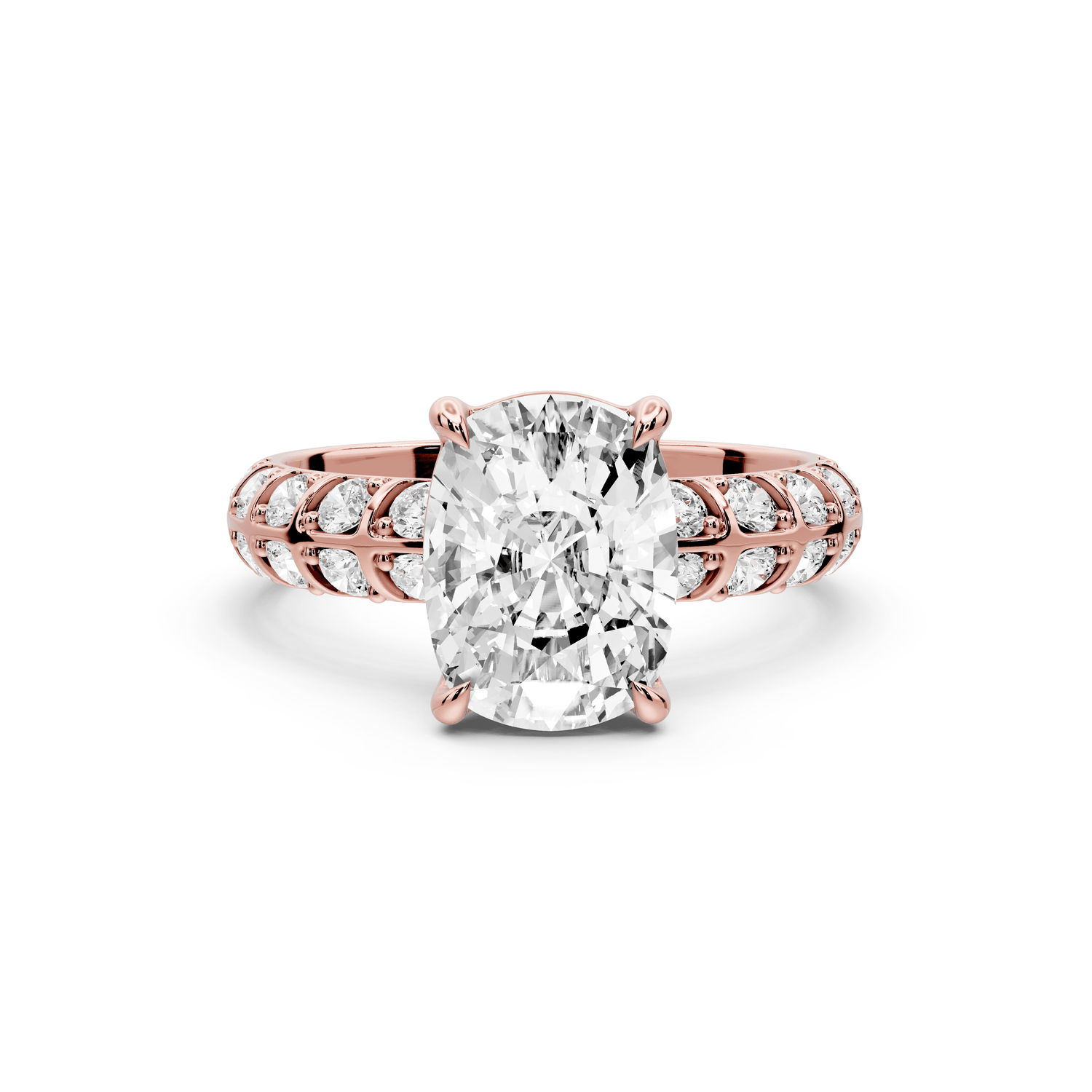 Jessica - 3ct 14k rose gold Ecushion Split-Shank Engagement Ring with Double-Row Shared-Prong Pavé Band - Mr. Alex Jewelry
