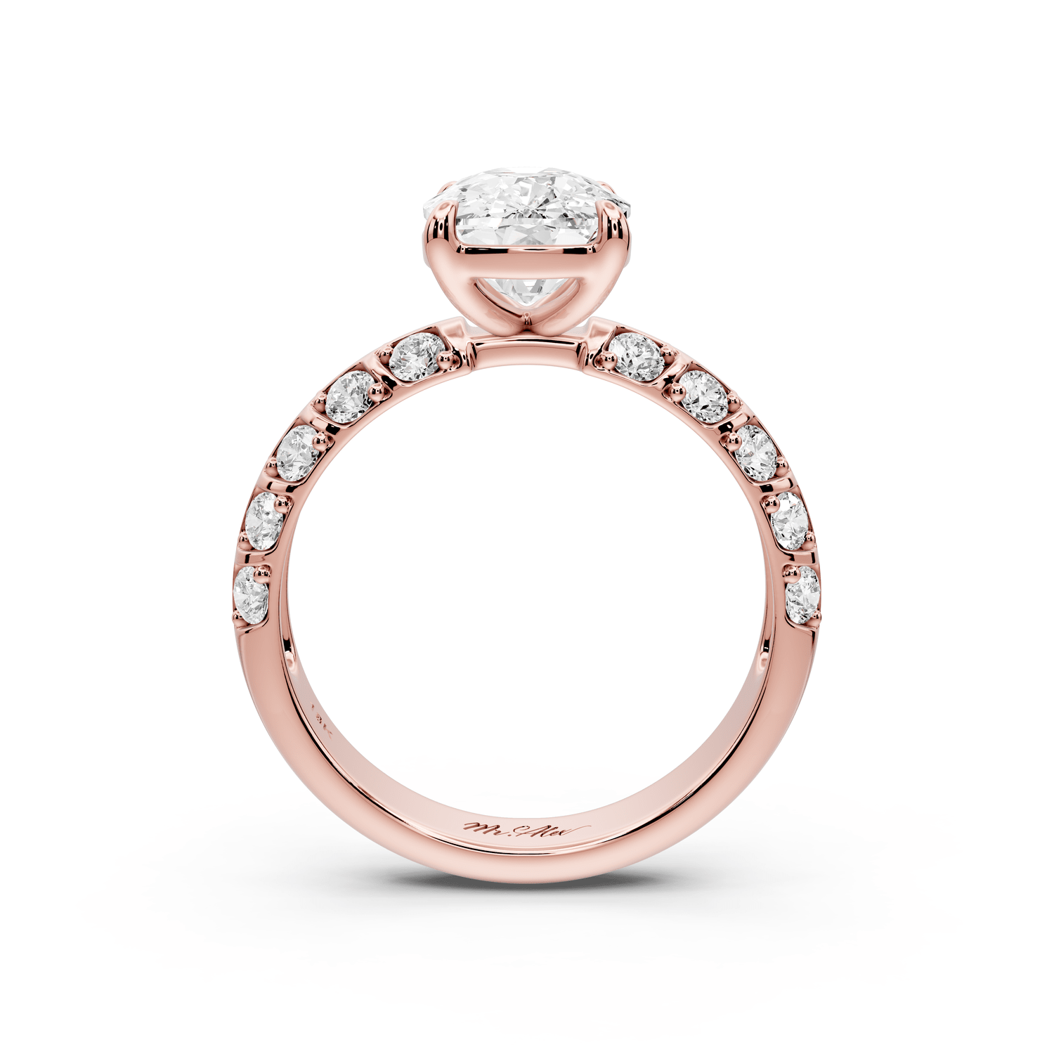 Jessica - 3ct 14k rose gold Ecushion Split-Shank Engagement Ring with Double-Row Shared-Prong Pavé Band - Mr. Alex Jewelry
