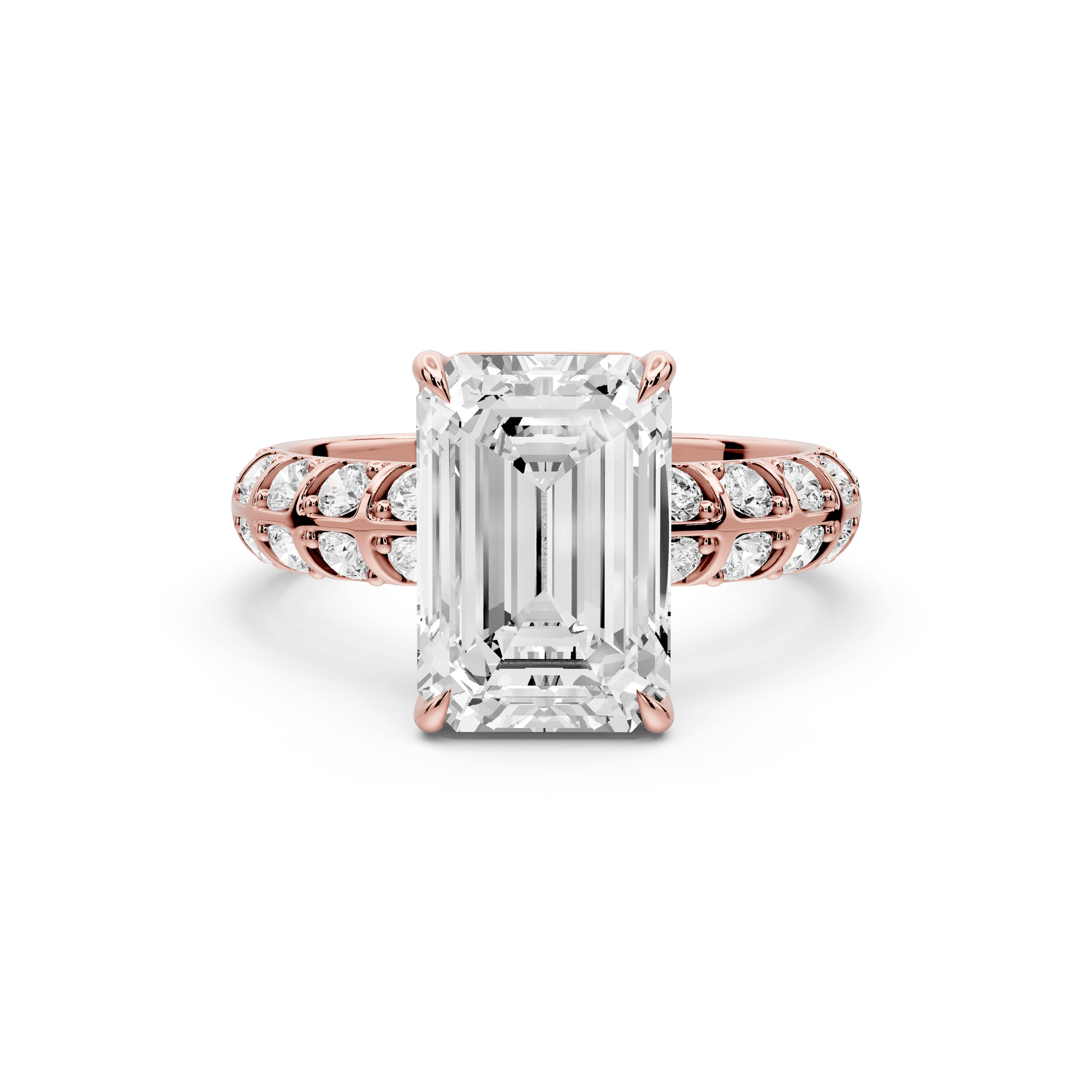 Jessica - 3ct 14k rose gold Emerald Split-Shank Engagement Ring with Double-Row Shared-Prong Pavé Band - Mr. Alex Jewelry