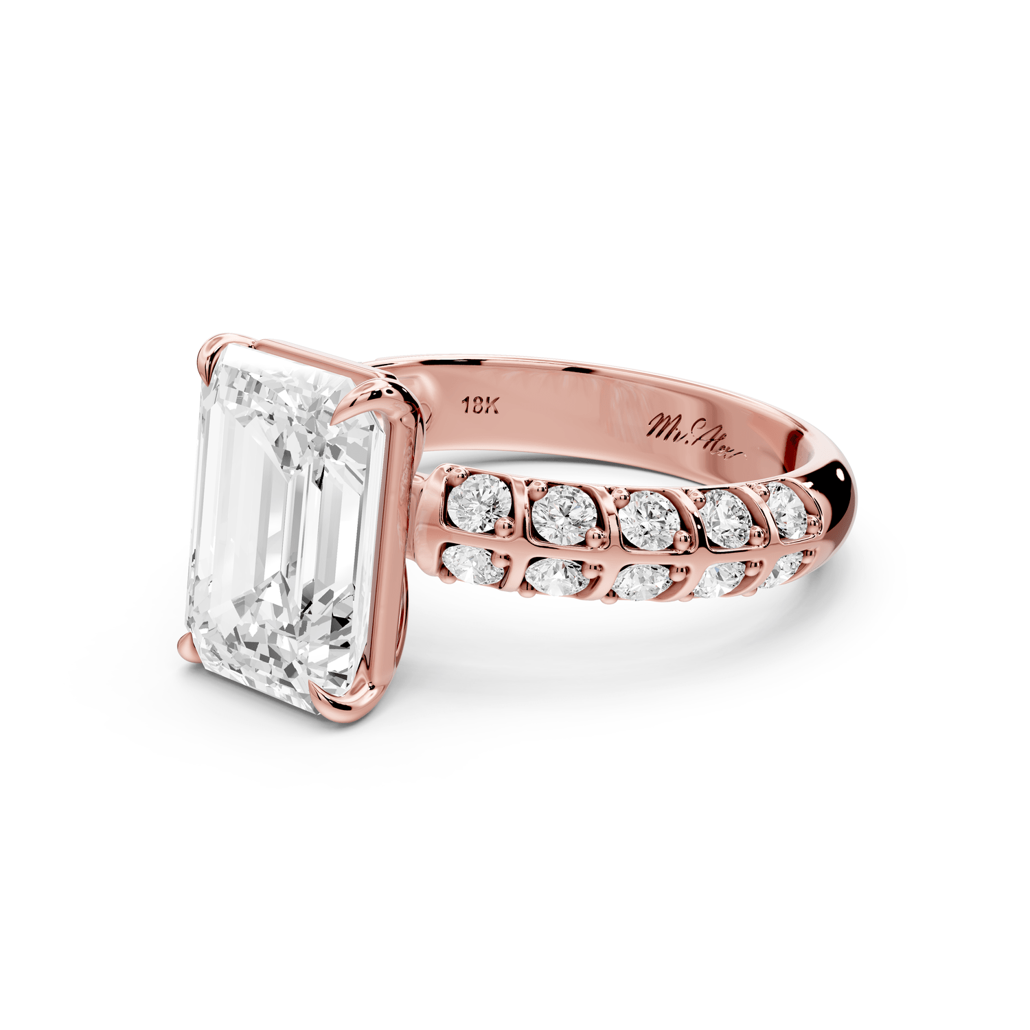 Jessica - 3ct 14k rose gold Emerald Split-Shank Engagement Ring with Double-Row Shared-Prong Pavé Band - Mr. Alex Jewelry