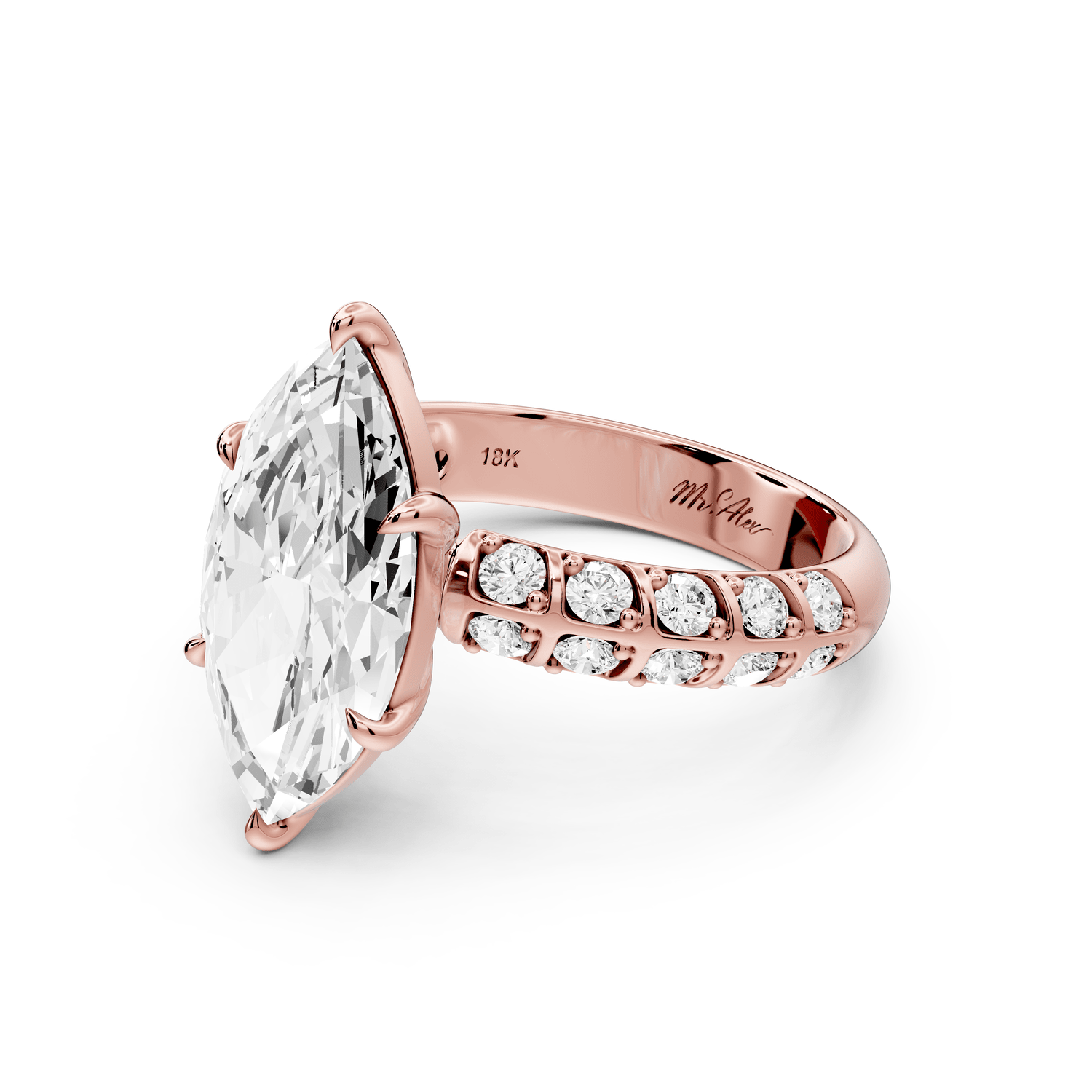 Jessica - 3ct 14k rose gold Marquise Split-Shank Engagement Ring with Double-Row Shared-Prong Pavé Band - Mr. Alex Jewelry