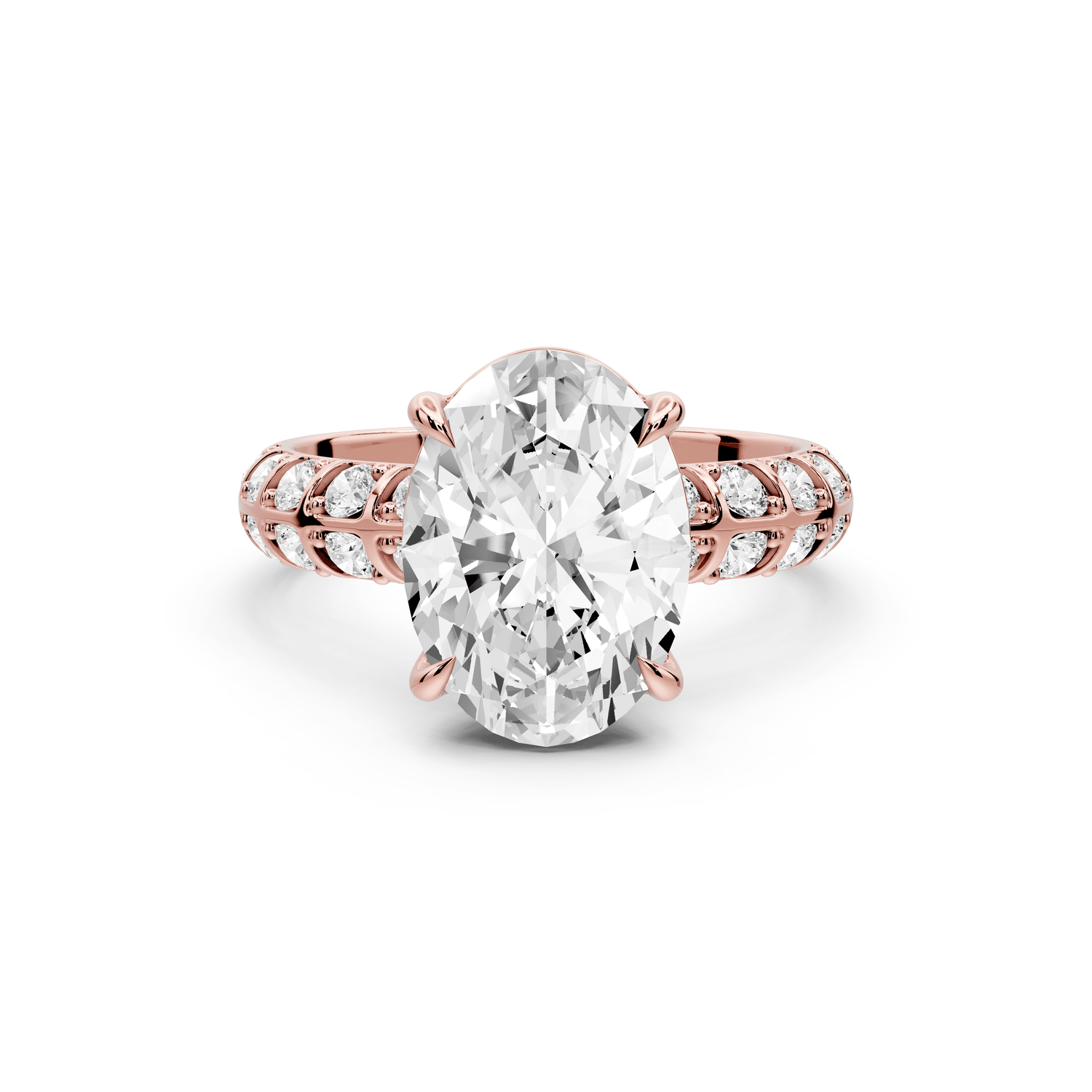 Jessica - 3ct 14k rose gold Oval Split-Shank Engagement Ring with Double-Row Shared-Prong Pavé Band - Mr. Alex Jewelry