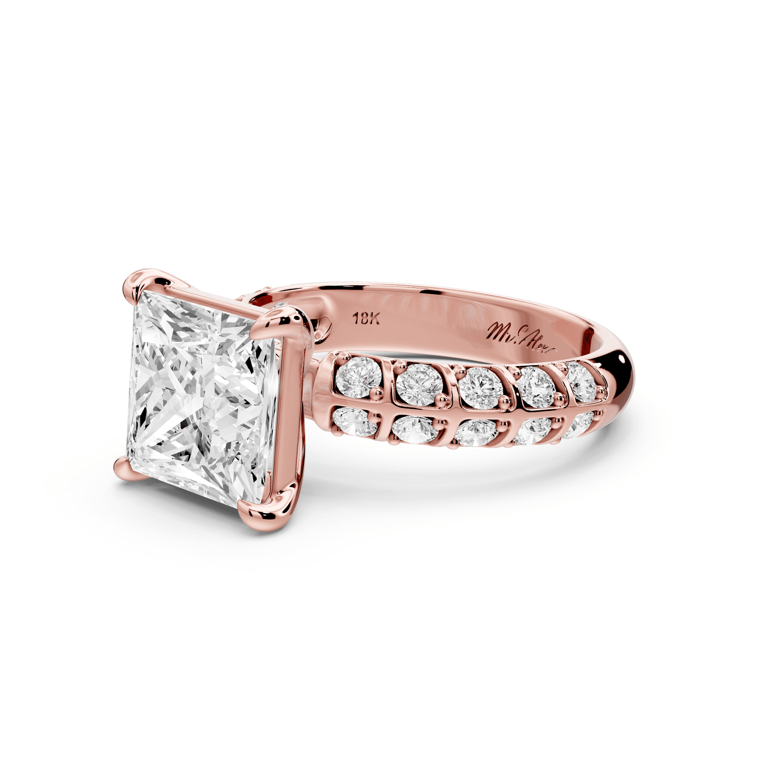 Jessica - 3ct 14k rose gold Princess Split-Shank Engagement Ring with Double-Row Shared-Prong Pavé Band - Mr. Alex Jewelry