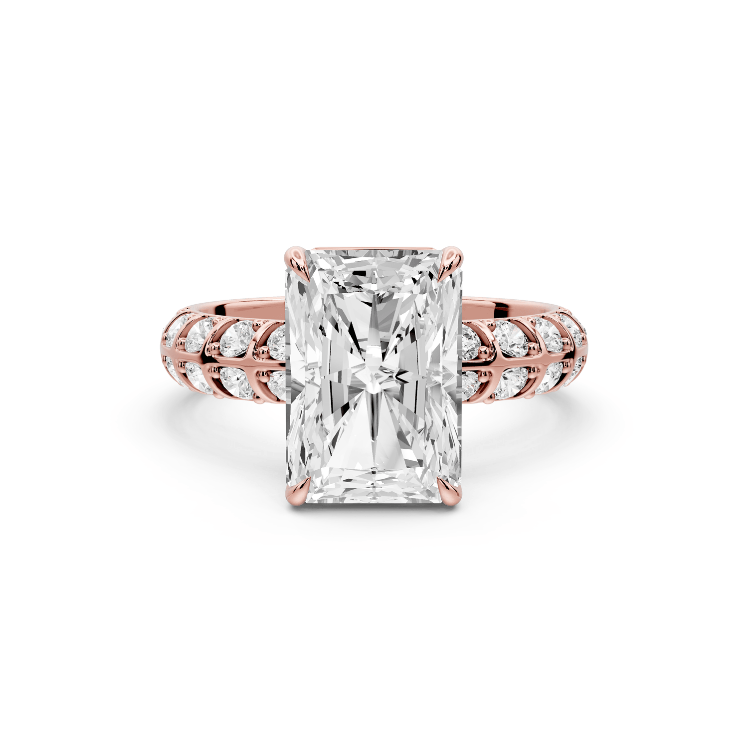 Jessica - 3ct 14k rose gold Radiant Split-Shank Engagement Ring with Double-Row Shared-Prong Pavé Band - Mr. Alex Jewelry