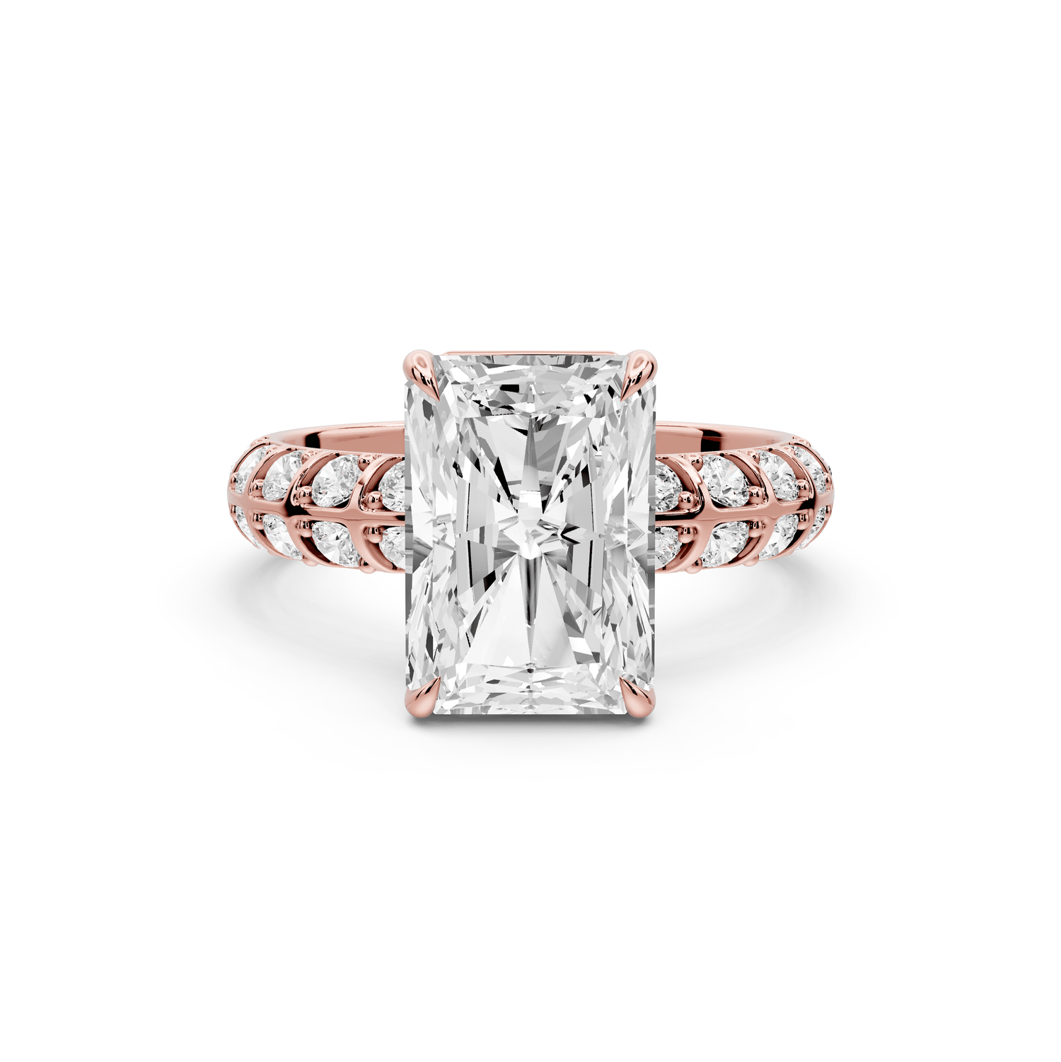 Jessica - 3ct 14k rose gold Radiant Split-Shank Engagement Ring with Double-Row Shared-Prong Pavé Band - Mr. Alex Jewelry