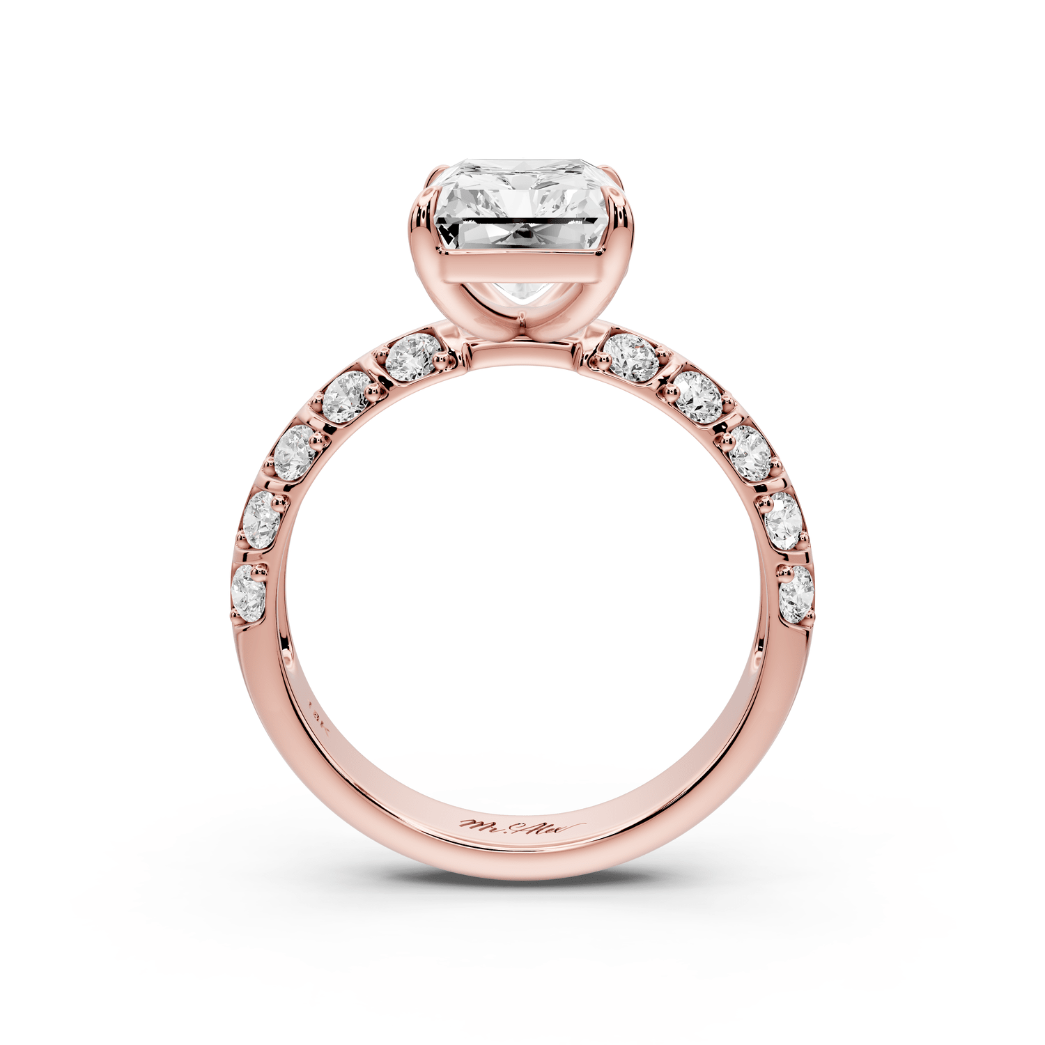 Jessica - 3ct 14k rose gold Radiant Split-Shank Engagement Ring with Double-Row Shared-Prong Pavé Band - Mr. Alex Jewelry
