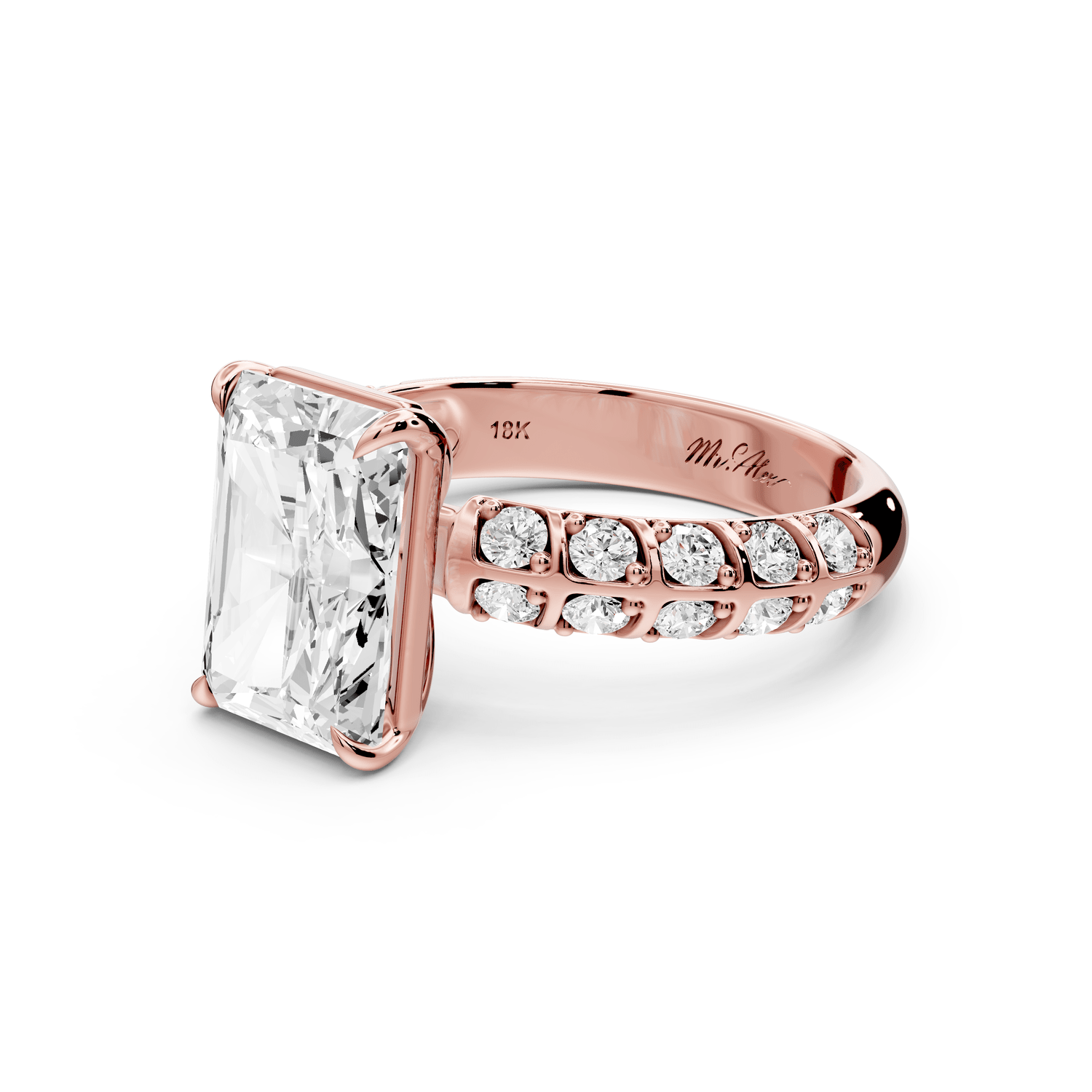 Jessica - 3ct 14k rose gold Radiant Split-Shank Engagement Ring with Double-Row Shared-Prong Pavé Band - Mr. Alex Jewelry