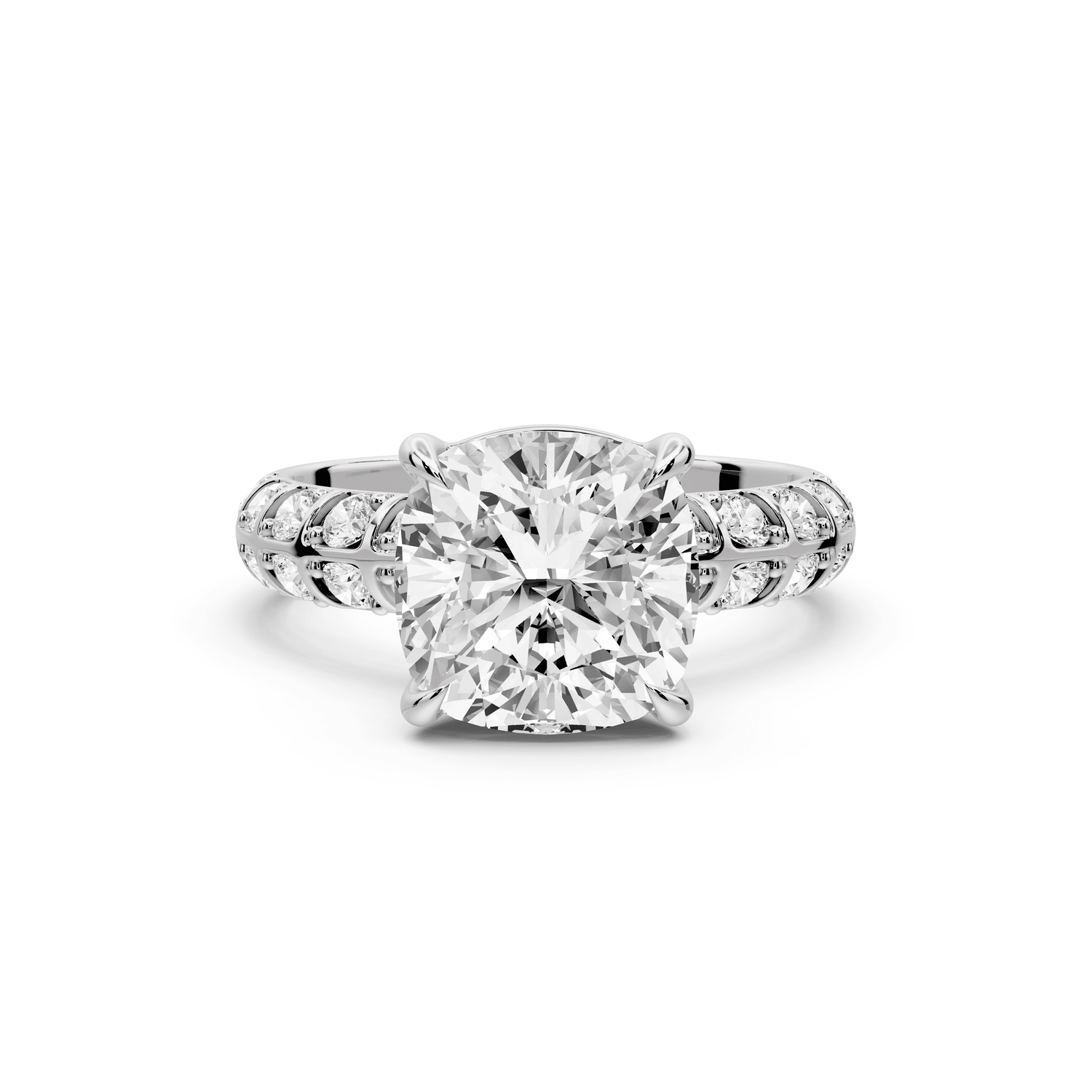 Jessica - 3ct 14k white gold Cushion Split-Shank Engagement Ring with Double-Row Shared-Prong Pavé Band - Mr. Alex Jewelry