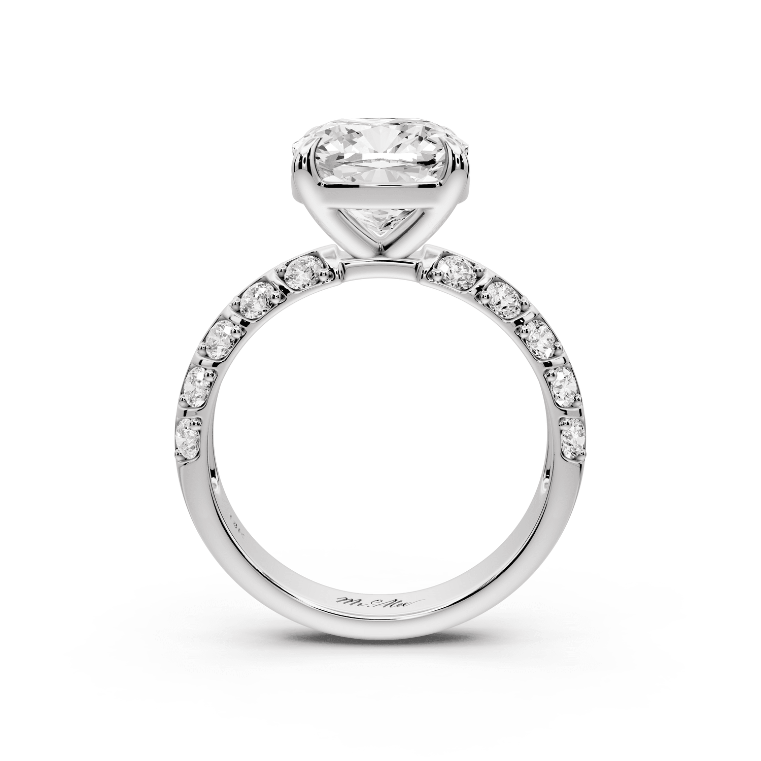 Jessica - 3ct 14k white gold Cushion Split-Shank Engagement Ring with Double-Row Shared-Prong Pavé Band - Mr. Alex Jewelry