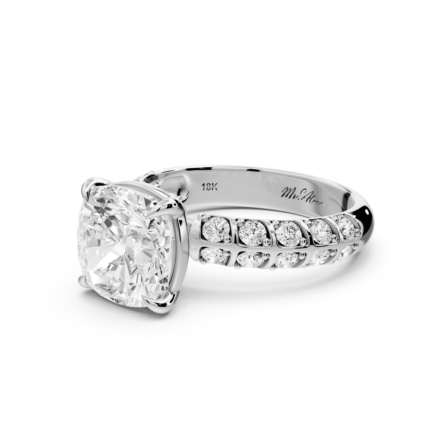 Jessica - 3ct 14k white gold Cushion Split-Shank Engagement Ring with Double-Row Shared-Prong Pavé Band - Mr. Alex Jewelry