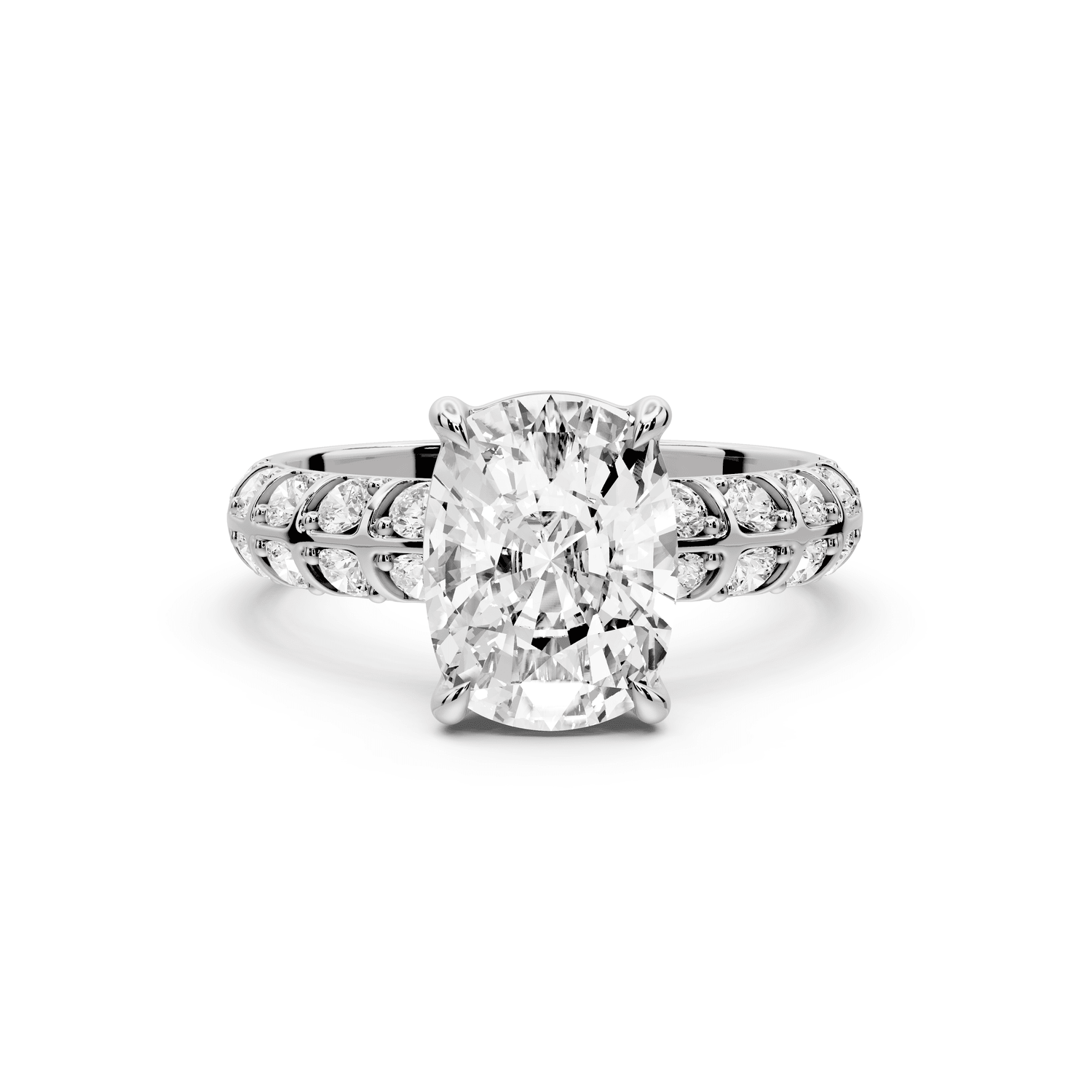 Jessica - 3ct 14k white gold Ecushion Split-Shank Engagement Ring with Double-Row Shared-Prong Pavé Band - Mr. Alex Jewelry