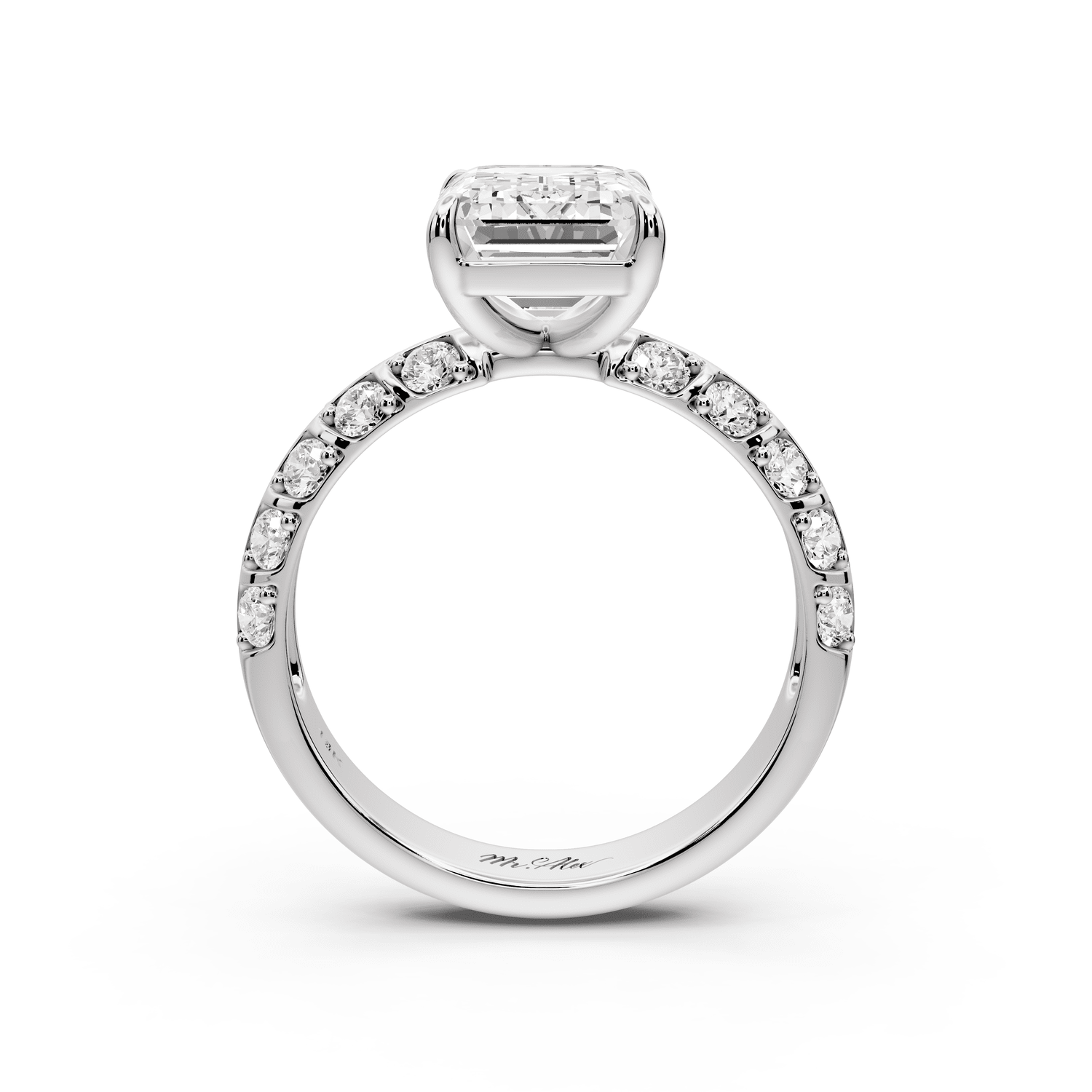 Jessica - 3ct 14k white gold Emerald Split-Shank Engagement Ring with Double-Row Shared-Prong Pavé Band - Mr. Alex Jewelry