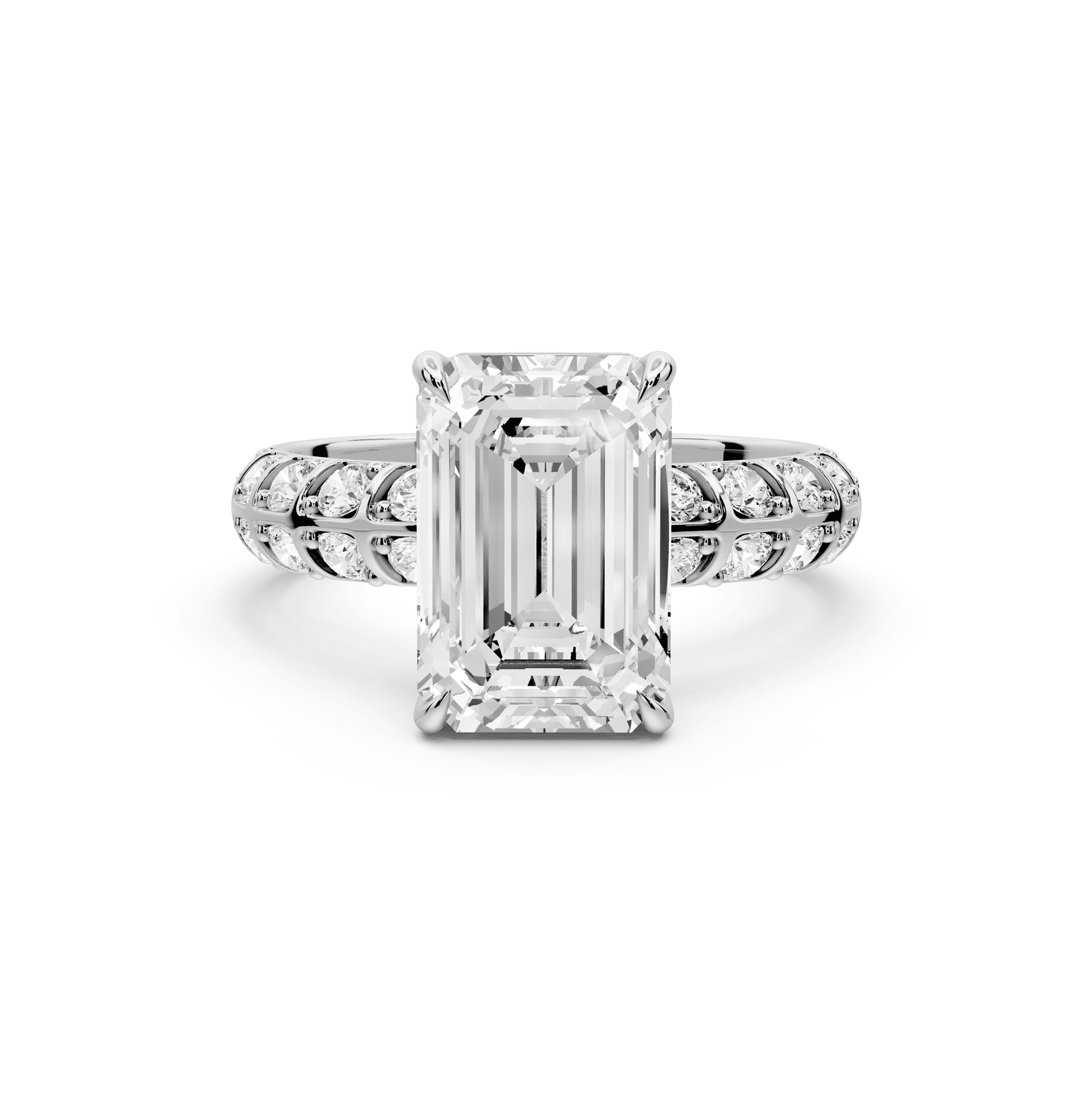 Jessica - 3ct 14k white gold Emerald Split-Shank Engagement Ring with Double-Row Shared-Prong Pavé Band - Mr. Alex Jewelry
