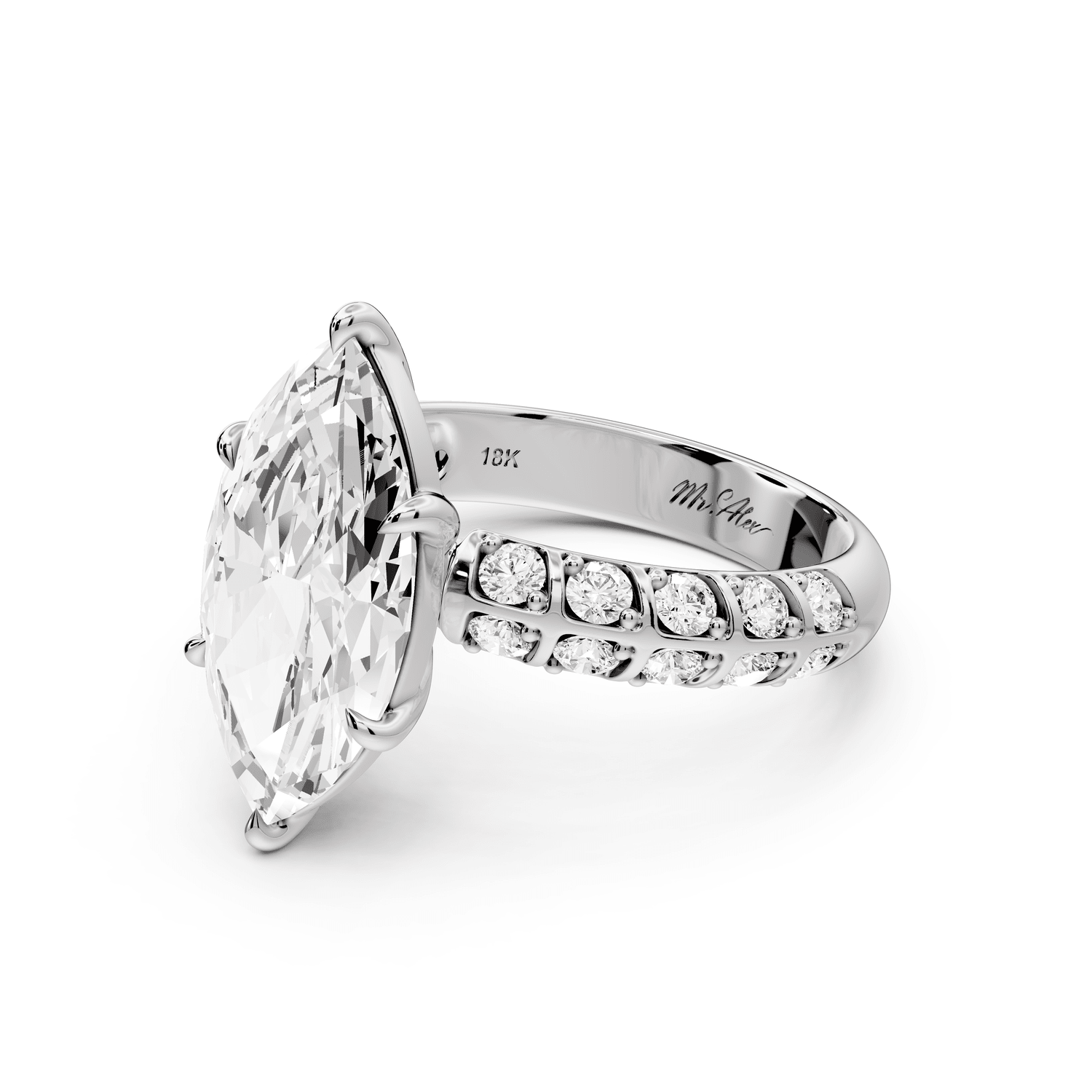 Jessica - 3ct 14k white gold Marquise Split-Shank Engagement Ring with Double-Row Shared-Prong Pavé Band - Mr. Alex Jewelry
