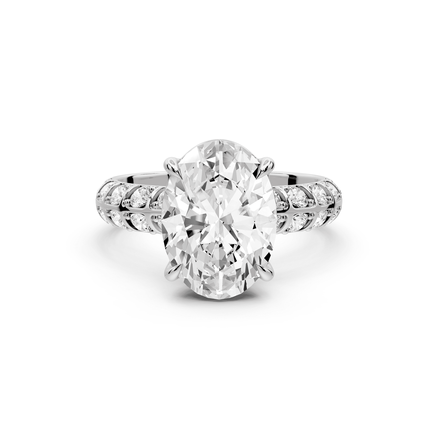Jessica - 3ct 14k white gold Oval Split-Shank Engagement Ring with Double-Row Shared-Prong Pavé Band - Mr. Alex Jewelry
