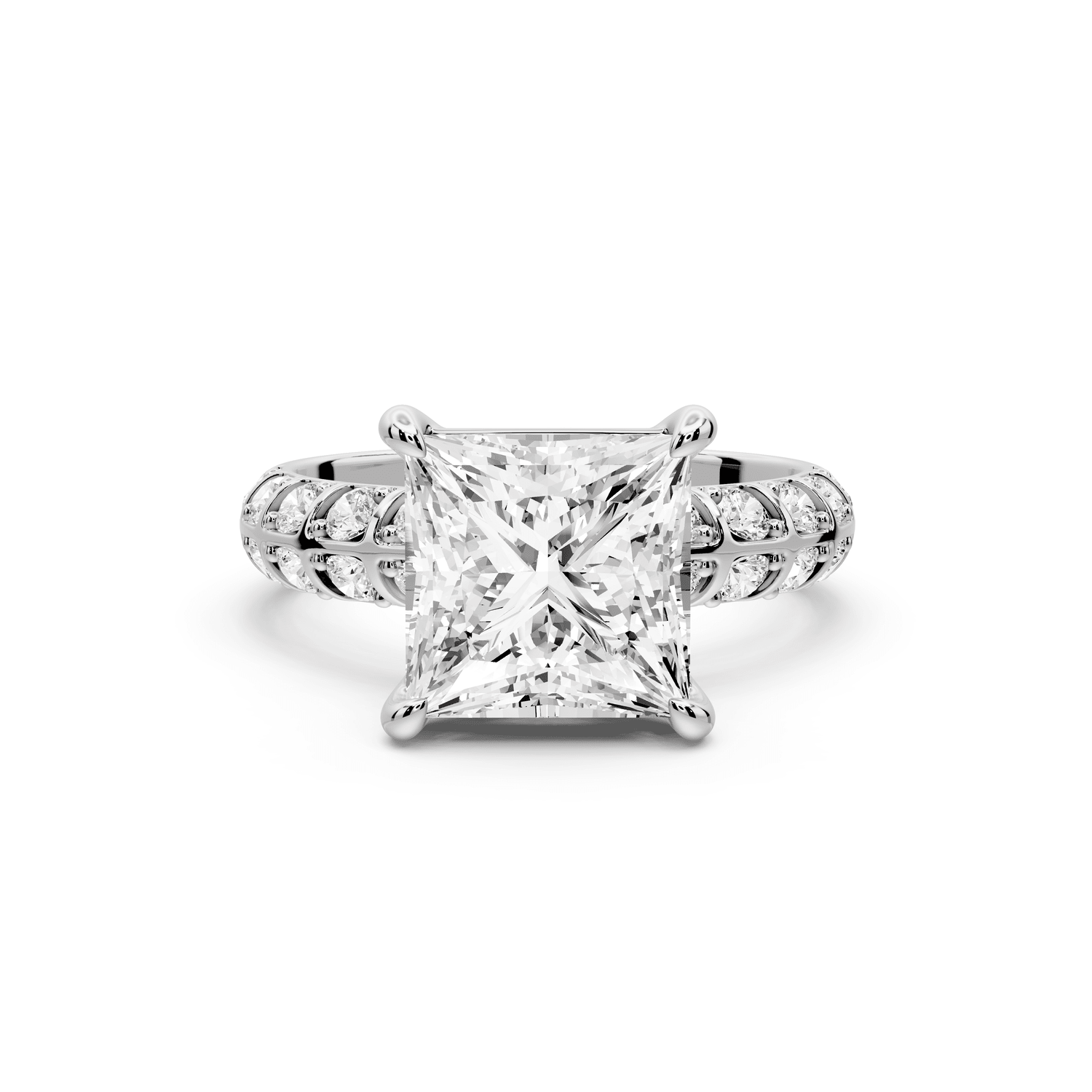 Jessica - 3ct 14k white gold Princess Split-Shank Engagement Ring with Double-Row Shared-Prong Pavé Band - Mr. Alex Jewelry