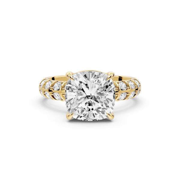 Jessica - 3ct 14k yellow gold Cushion Split-Shank Engagement Ring with Double-Row Shared-Prong Pavé Band - Mr. Alex Jewelry