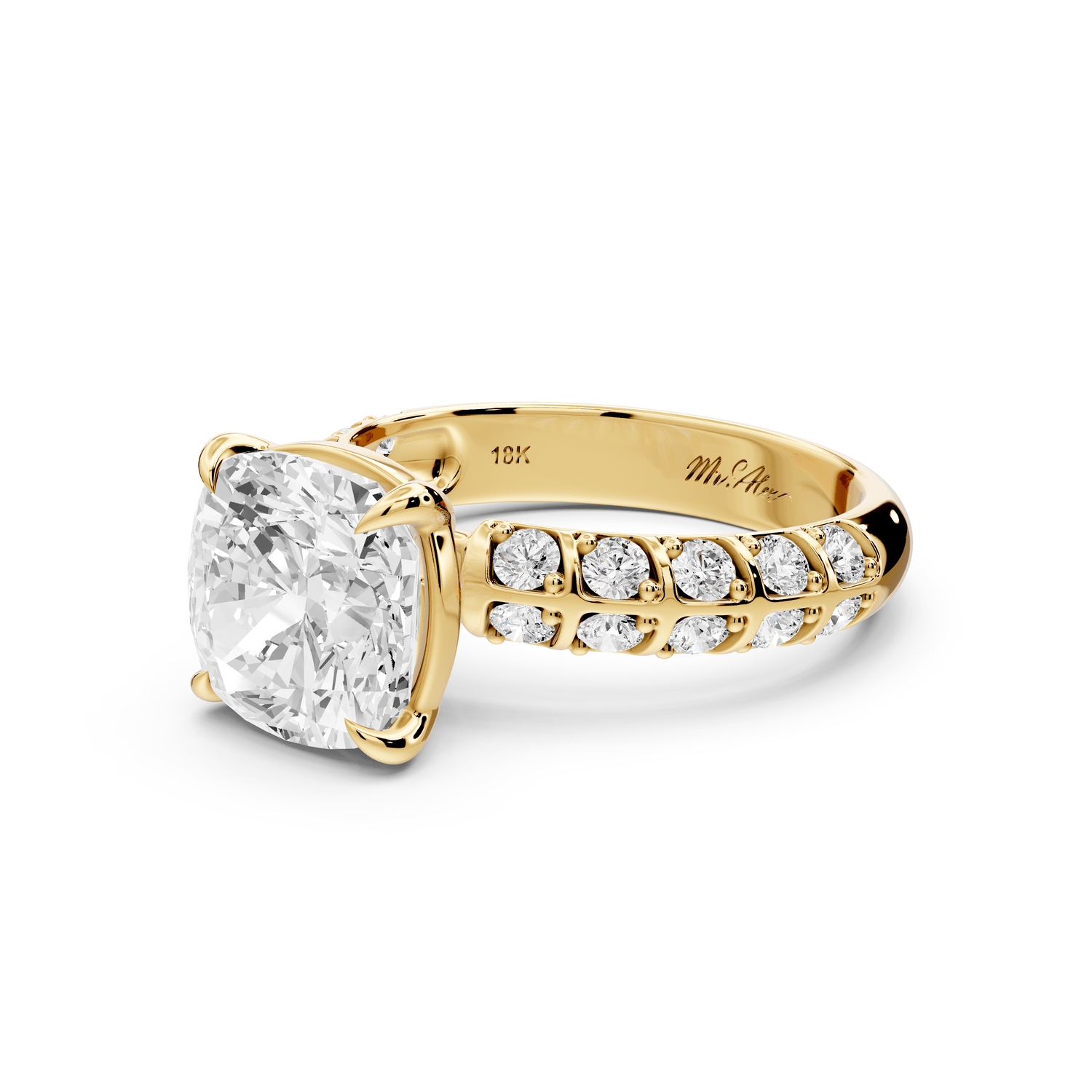 Jessica - 3ct 14k yellow gold Cushion Split-Shank Engagement Ring with Double-Row Shared-Prong Pavé Band - Mr. Alex Jewelry