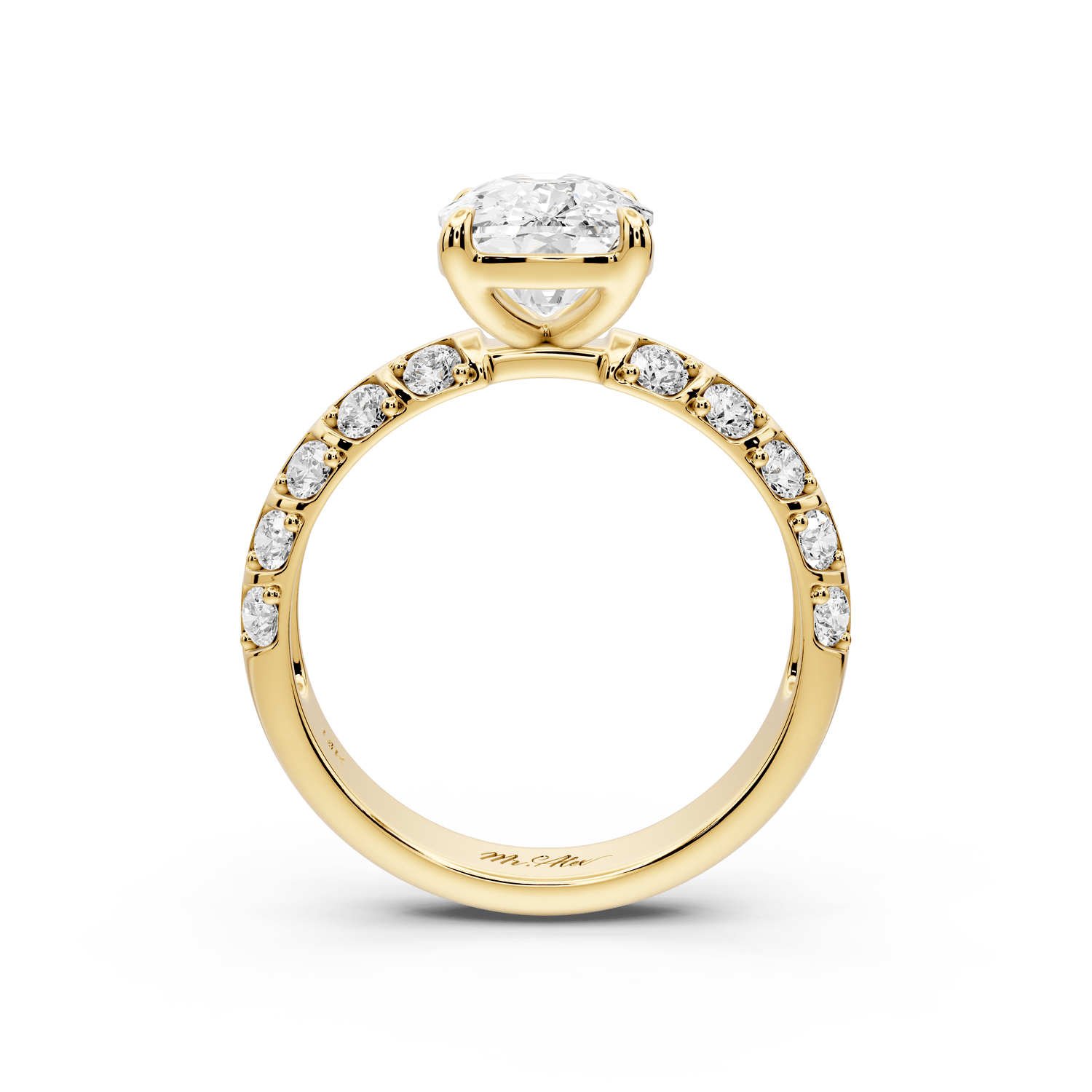 Jessica - 3ct 14k yellow gold Ecushion Split-Shank Engagement Ring with Double-Row Shared-Prong Pavé Band - Mr. Alex Jewelry