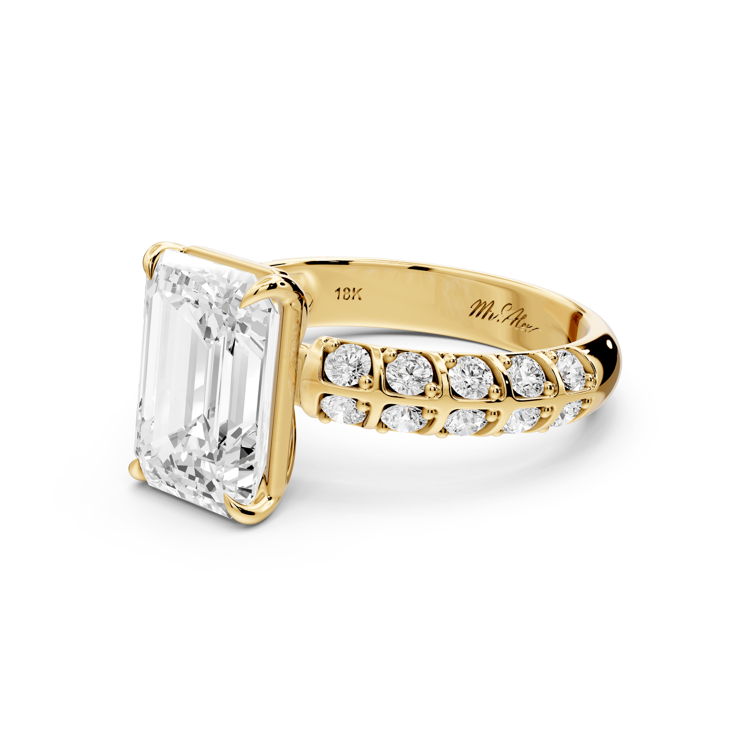Jessica - 3ct 14k yellow gold Emerald Split-Shank Engagement Ring with Double-Row Shared-Prong Pavé Band - Mr. Alex Jewelry