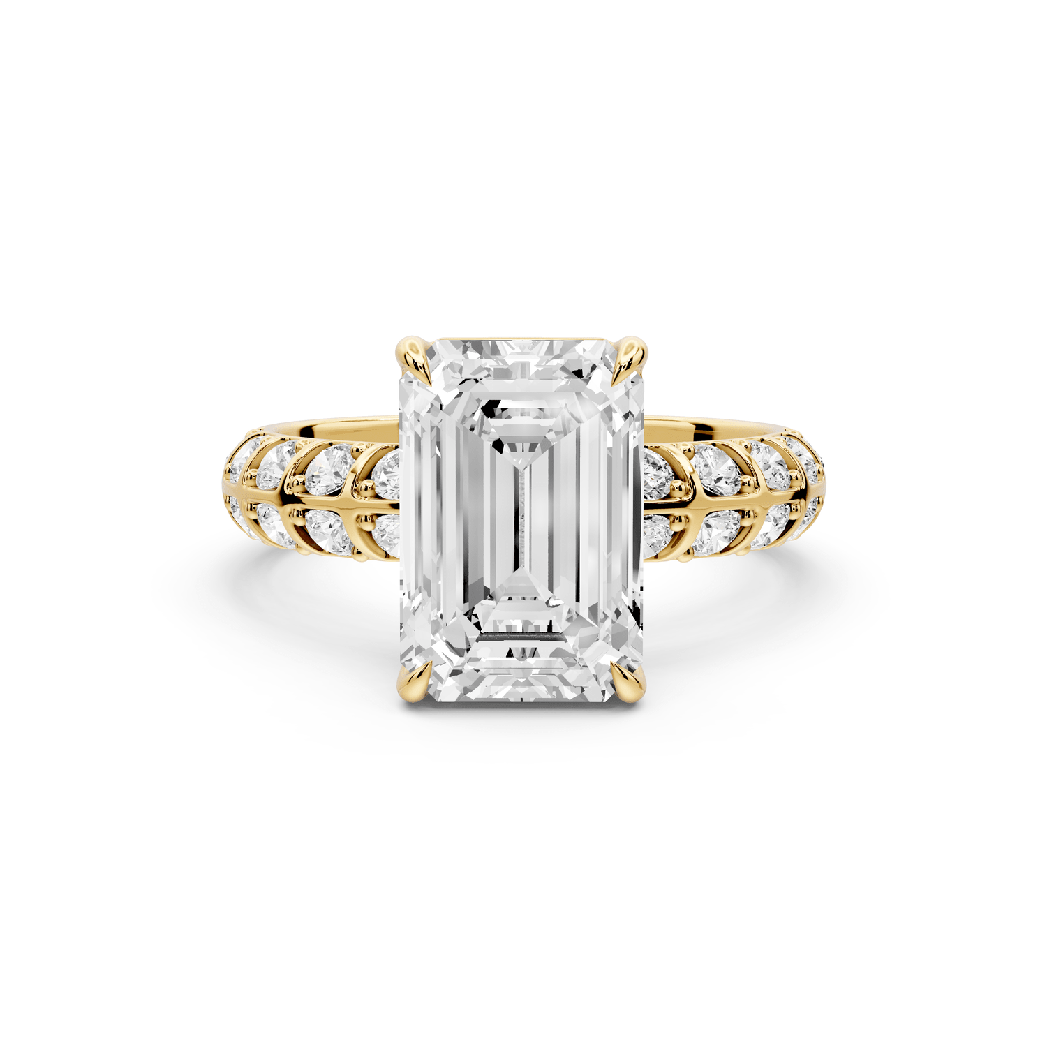 Jessica - 3ct 14k yellow gold Emerald Split-Shank Engagement Ring with Double-Row Shared-Prong Pavé Band - Mr. Alex Jewelry