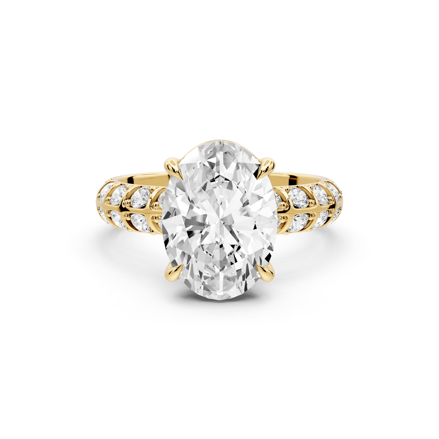 Jessica - 3ct 14k yellow gold Oval Split-Shank Engagement Ring with Double-Row Shared-Prong Pavé Band - Mr. Alex Jewelry