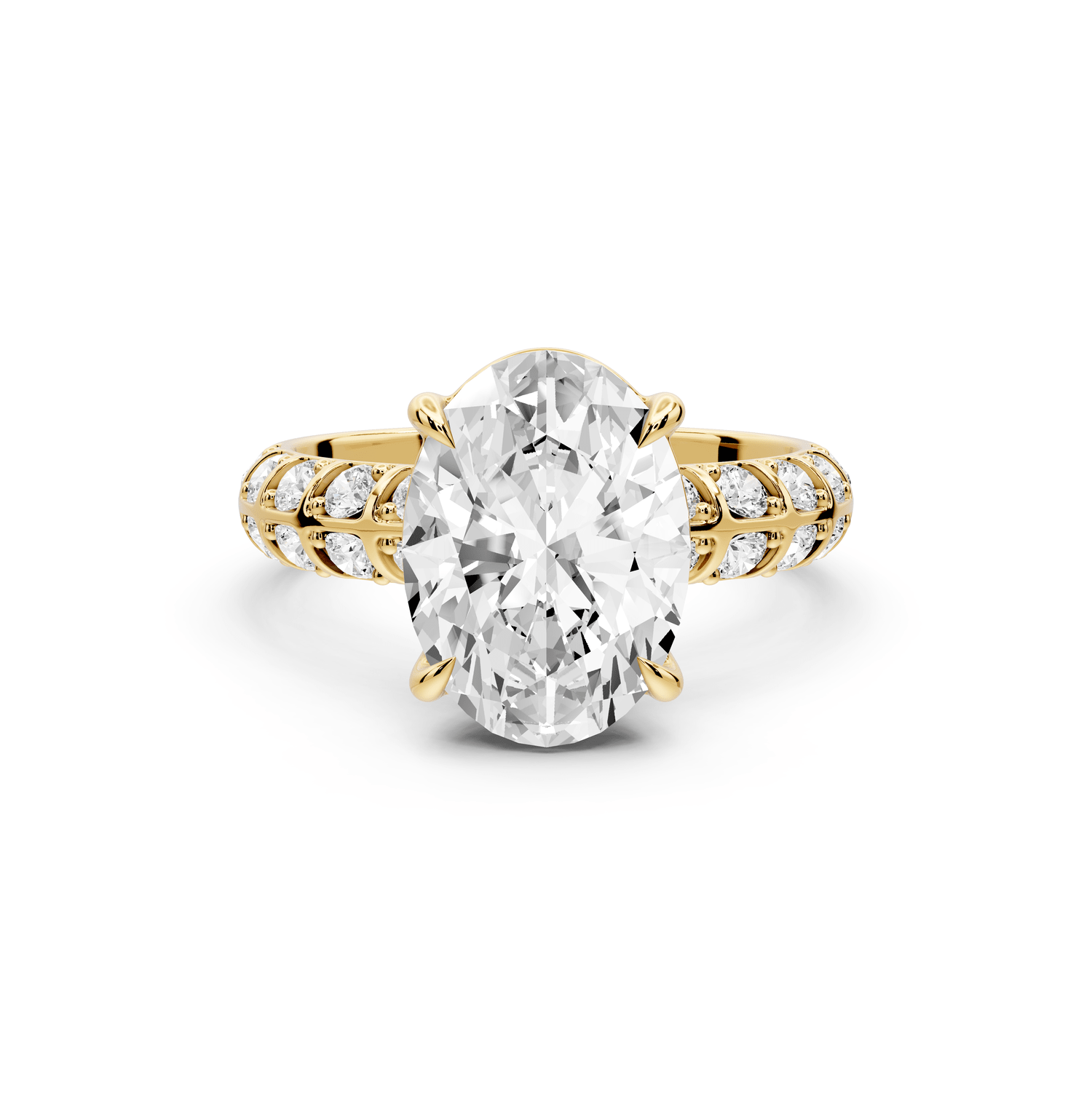 Jessica - 3ct 14k yellow gold Oval Split-Shank Engagement Ring with Double-Row Shared-Prong Pavé Band - Mr. Alex Jewelry