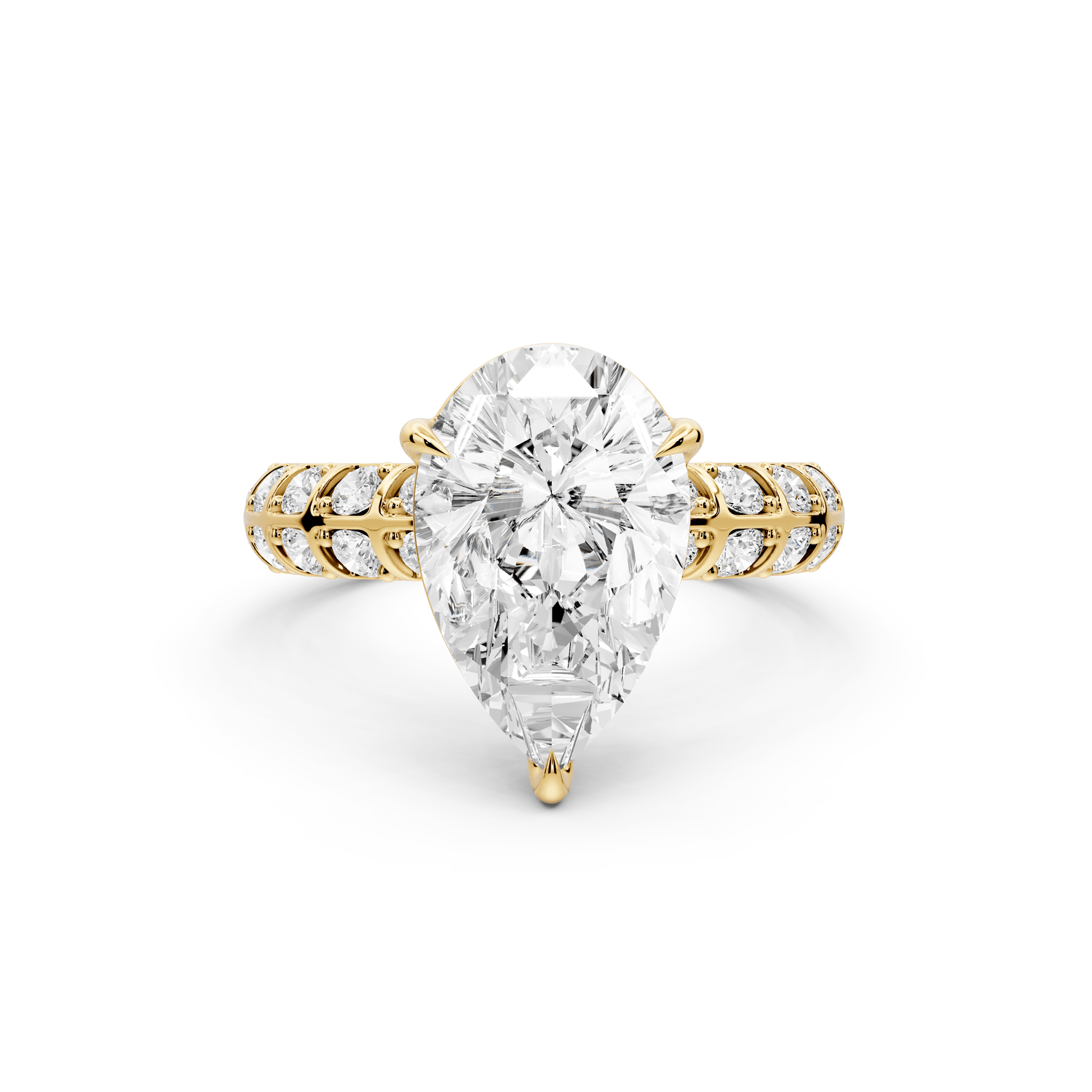 Jessica - 3ct 14k yellow gold Pear Split-Shank Engagement Ring with Double-Row Shared-Prong Pavé Band - Mr. Alex Jewelry