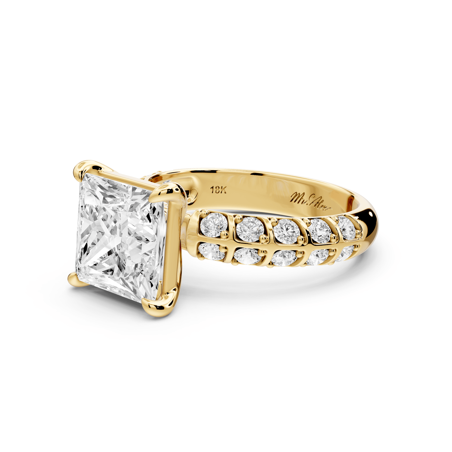 Jessica - 3ct 14k yellow gold Princess Split-Shank Engagement Ring with Double-Row Shared-Prong Pavé Band - Mr. Alex Jewelry