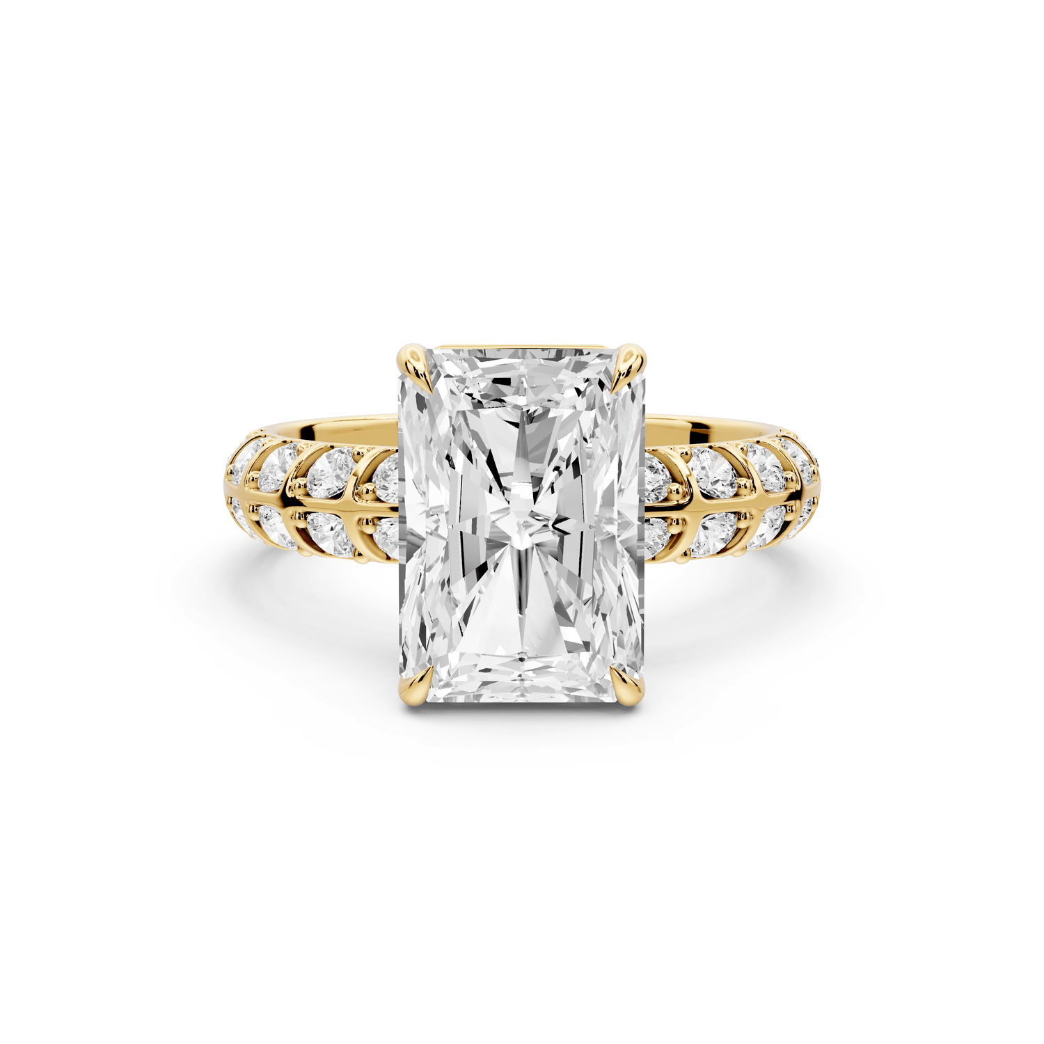 Jessica - 3ct 14k yellow gold Radiant Split-Shank Engagement Ring with Double-Row Shared-Prong Pavé Band - Mr. Alex Jewelry