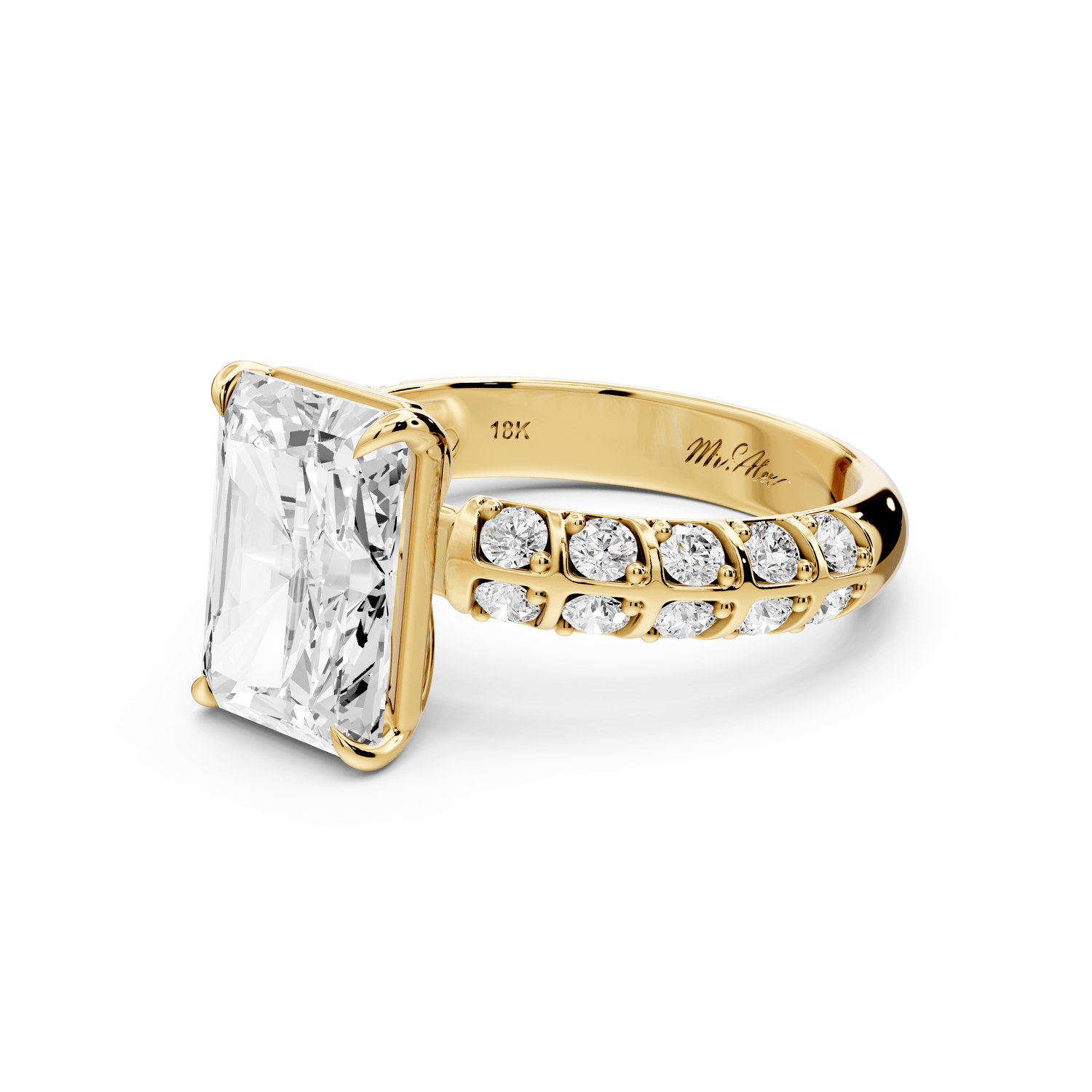 Jessica - 3ct 14k yellow gold Radiant Split-Shank Engagement Ring with Double-Row Shared-Prong Pavé Band - Mr. Alex Jewelry