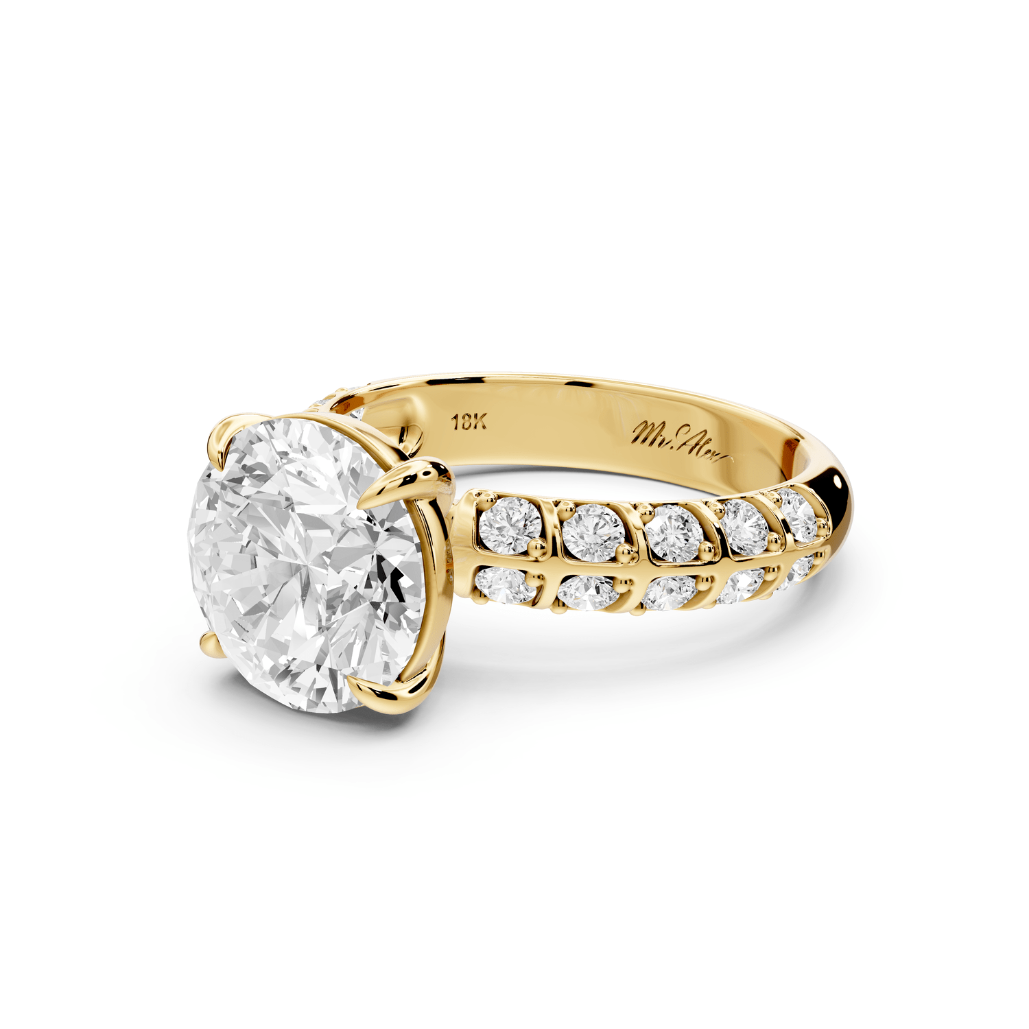 Jessica - 3ct 14k yellow gold Round Split-Shank Engagement Ring with Double-Row Shared-Prong Pavé Band - Mr. Alex Jewelry
