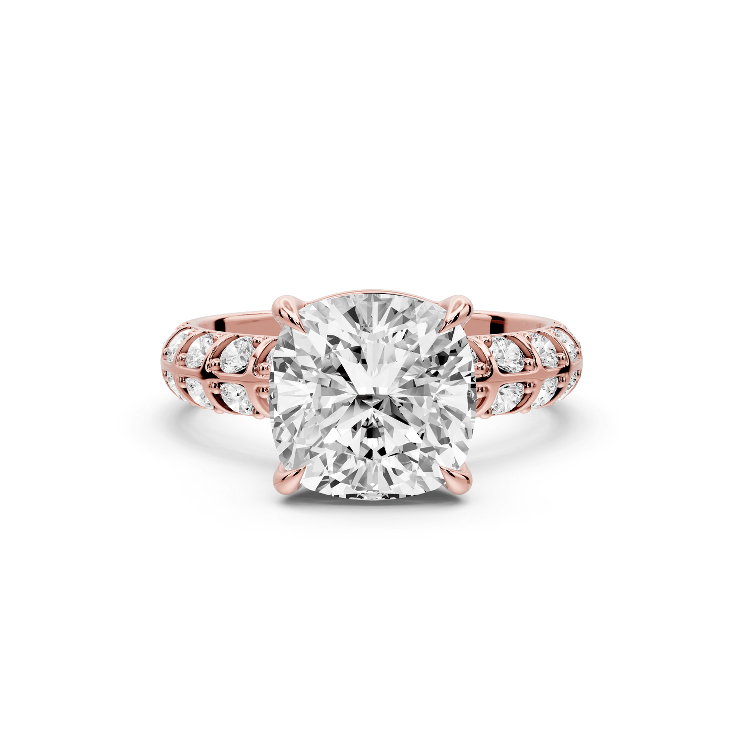 Jessica - 3ct 18k rose gold Cushion Split-Shank Engagement Ring with Double-Row Shared-Prong Pavé Band - Mr. Alex Jewelry