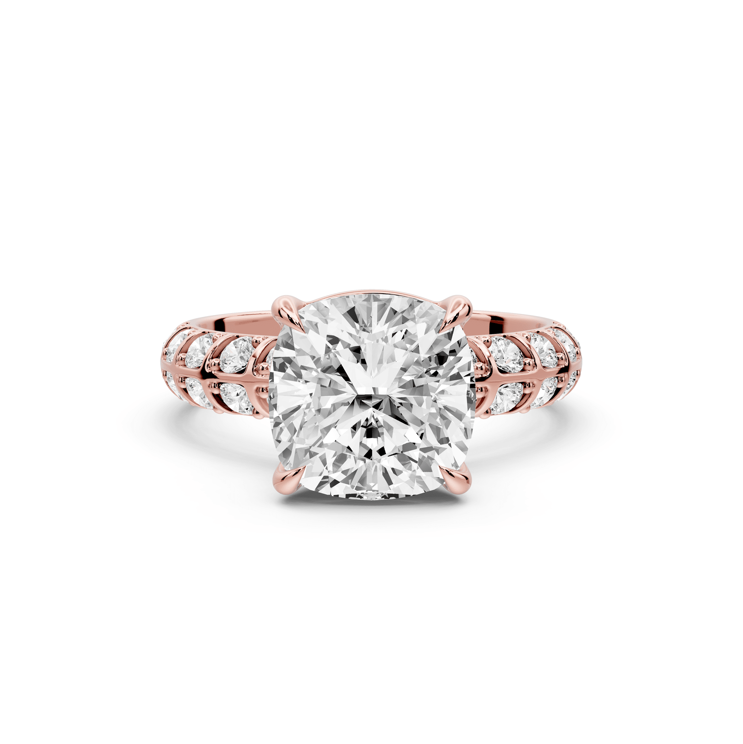 Jessica - 3ct 18k rose gold Cushion Split-Shank Engagement Ring with Double-Row Shared-Prong Pavé Band - Mr. Alex Jewelry