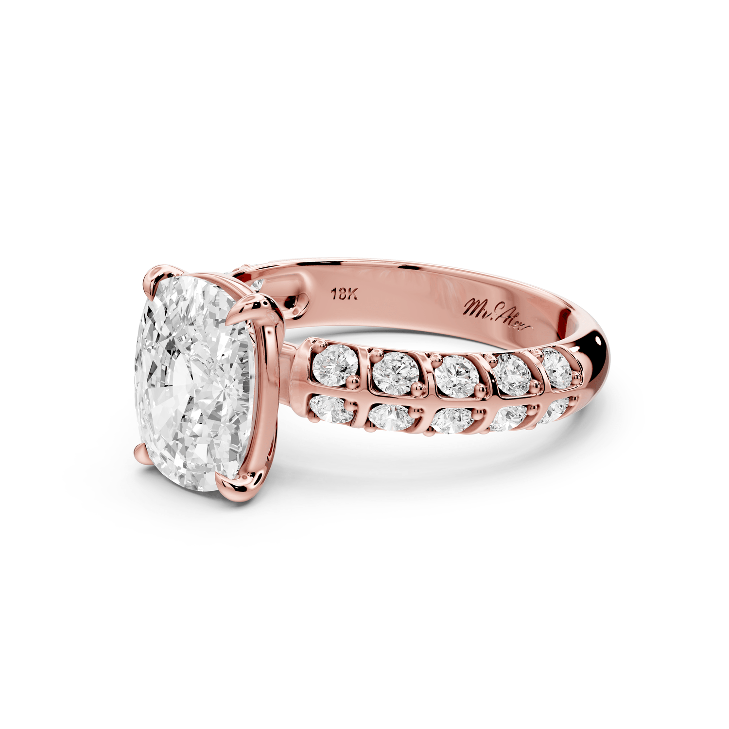 Jessica - 3ct 18k rose gold Ecushion Split-Shank Engagement Ring with Double-Row Shared-Prong Pavé Band - Mr. Alex Jewelry