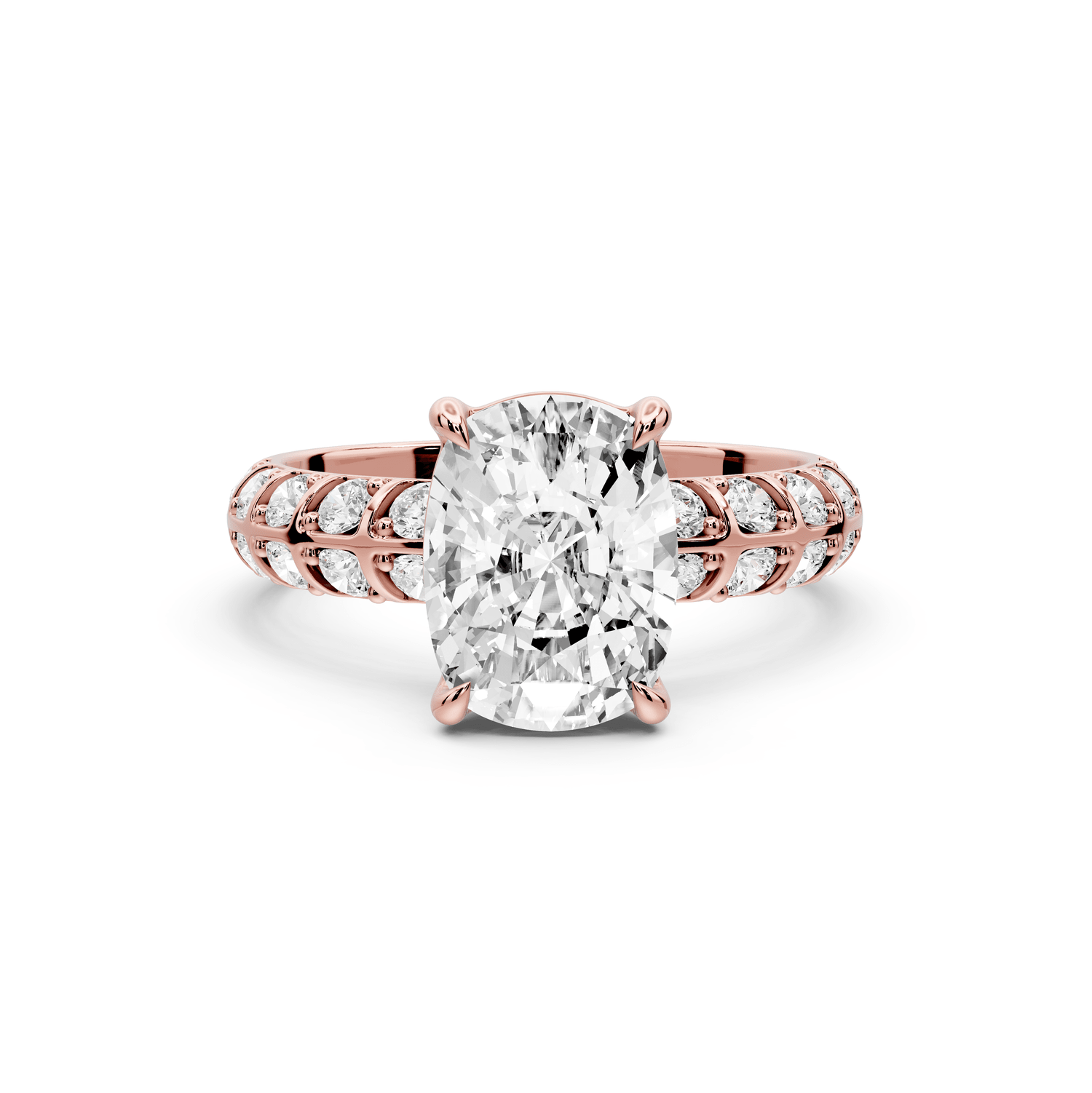 Jessica - 3ct 18k rose gold Ecushion Split-Shank Engagement Ring with Double-Row Shared-Prong Pavé Band - Mr. Alex Jewelry