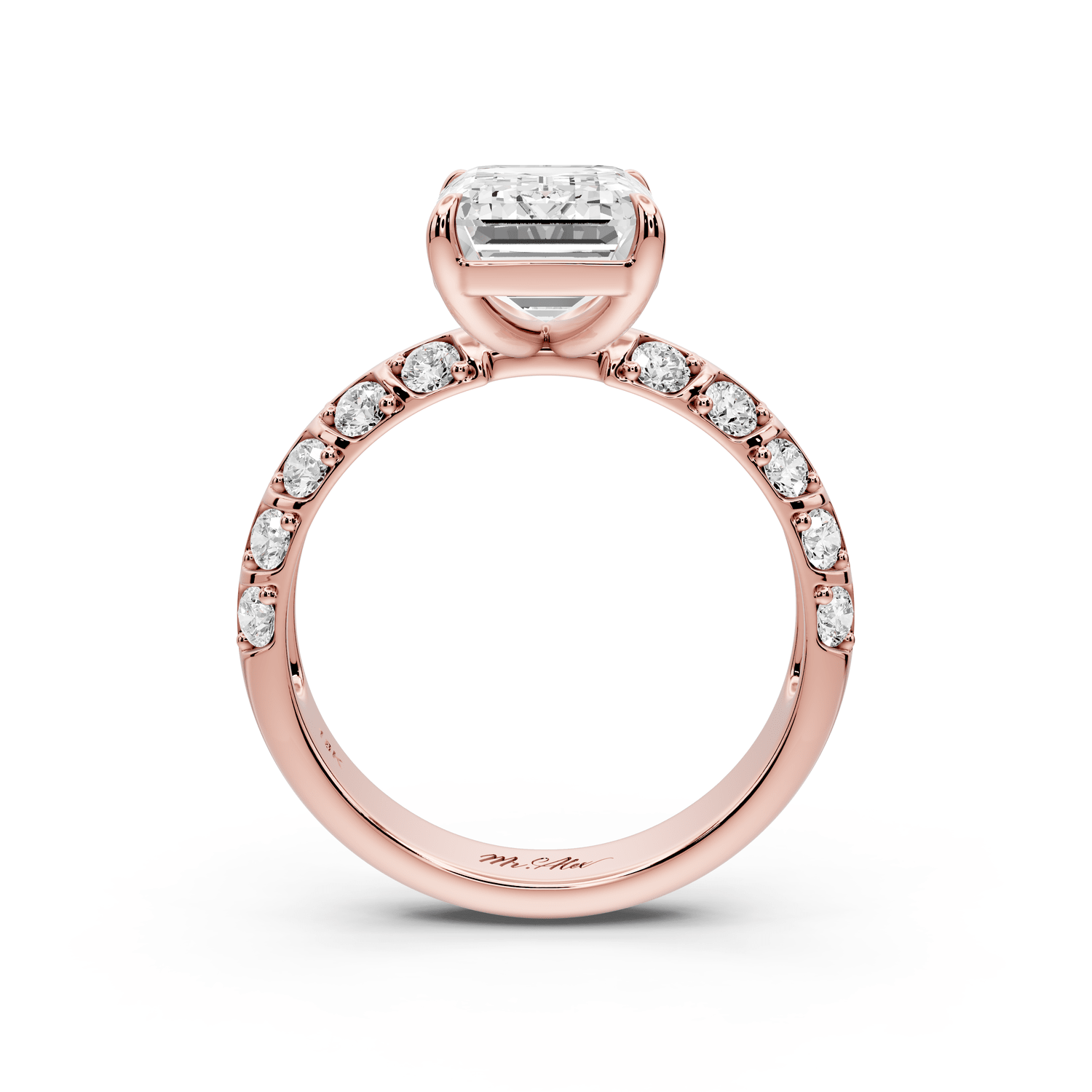 Jessica - 3ct 18k rose gold Emerald Split-Shank Engagement Ring with Double-Row Shared-Prong Pavé Band - Mr. Alex Jewelry