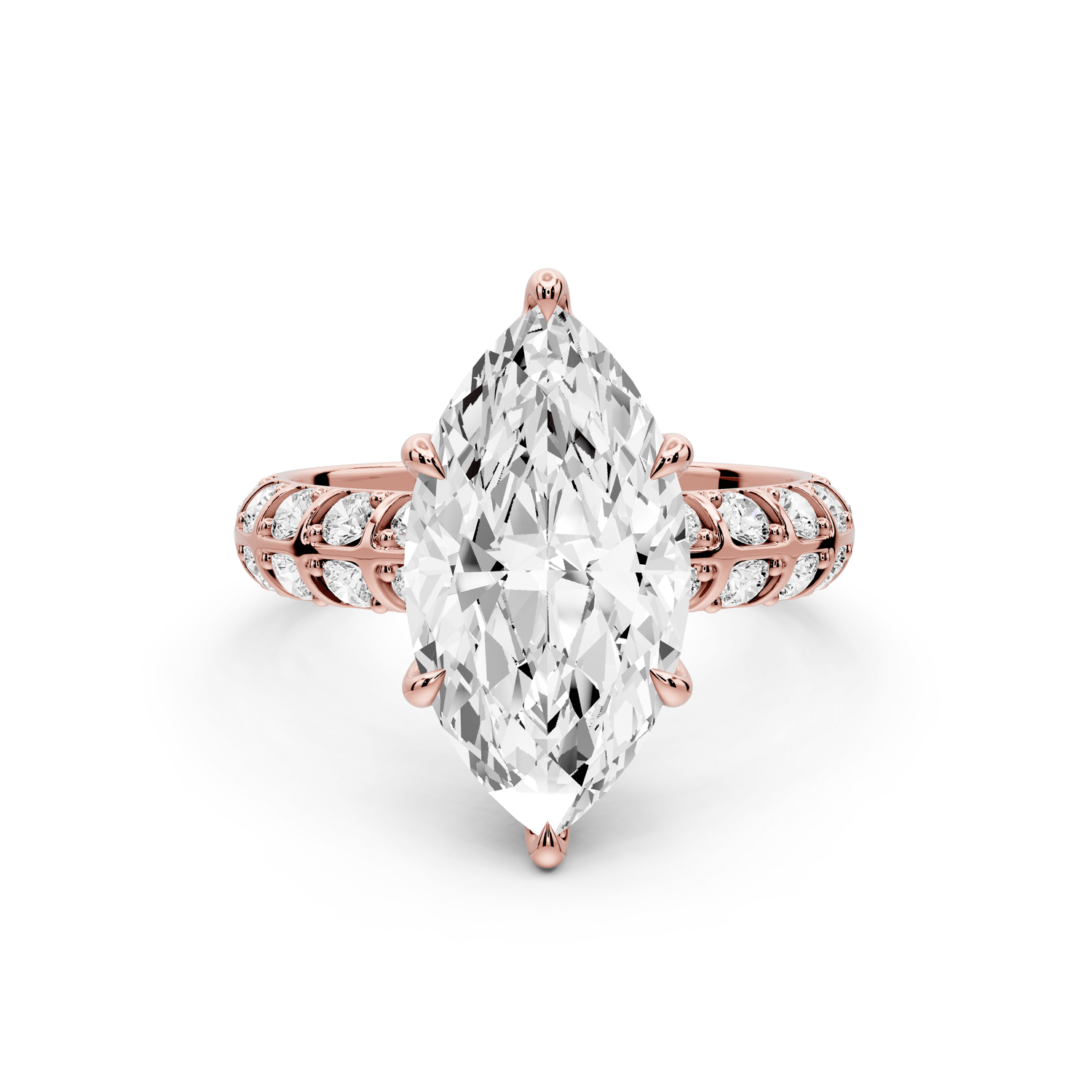 Jessica - 3ct 18k rose gold Marquise Split-Shank Engagement Ring with Double-Row Shared-Prong Pavé Band - Mr. Alex Jewelry