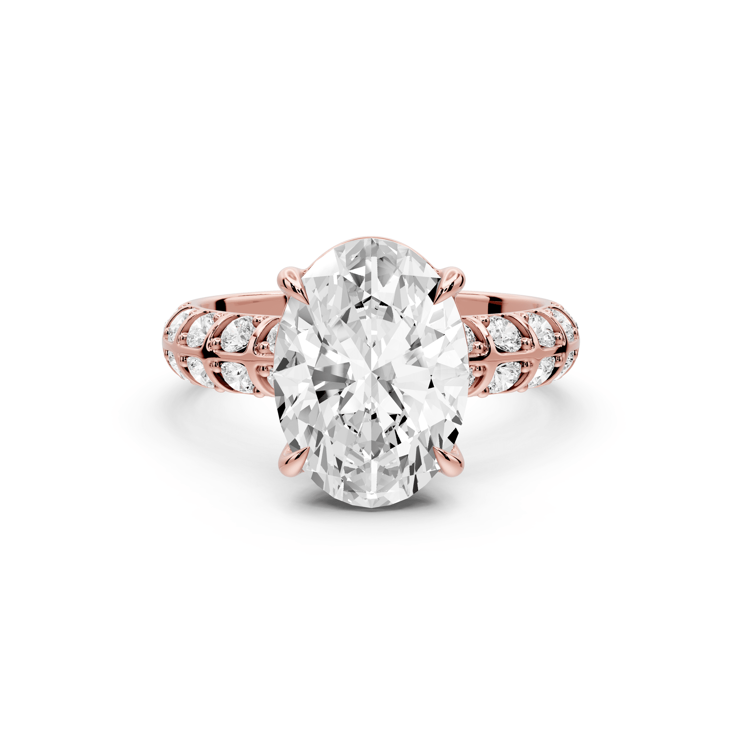 Jessica - 3ct 18k rose gold Oval Split-Shank Engagement Ring with Double-Row Shared-Prong Pavé Band - Mr. Alex Jewelry