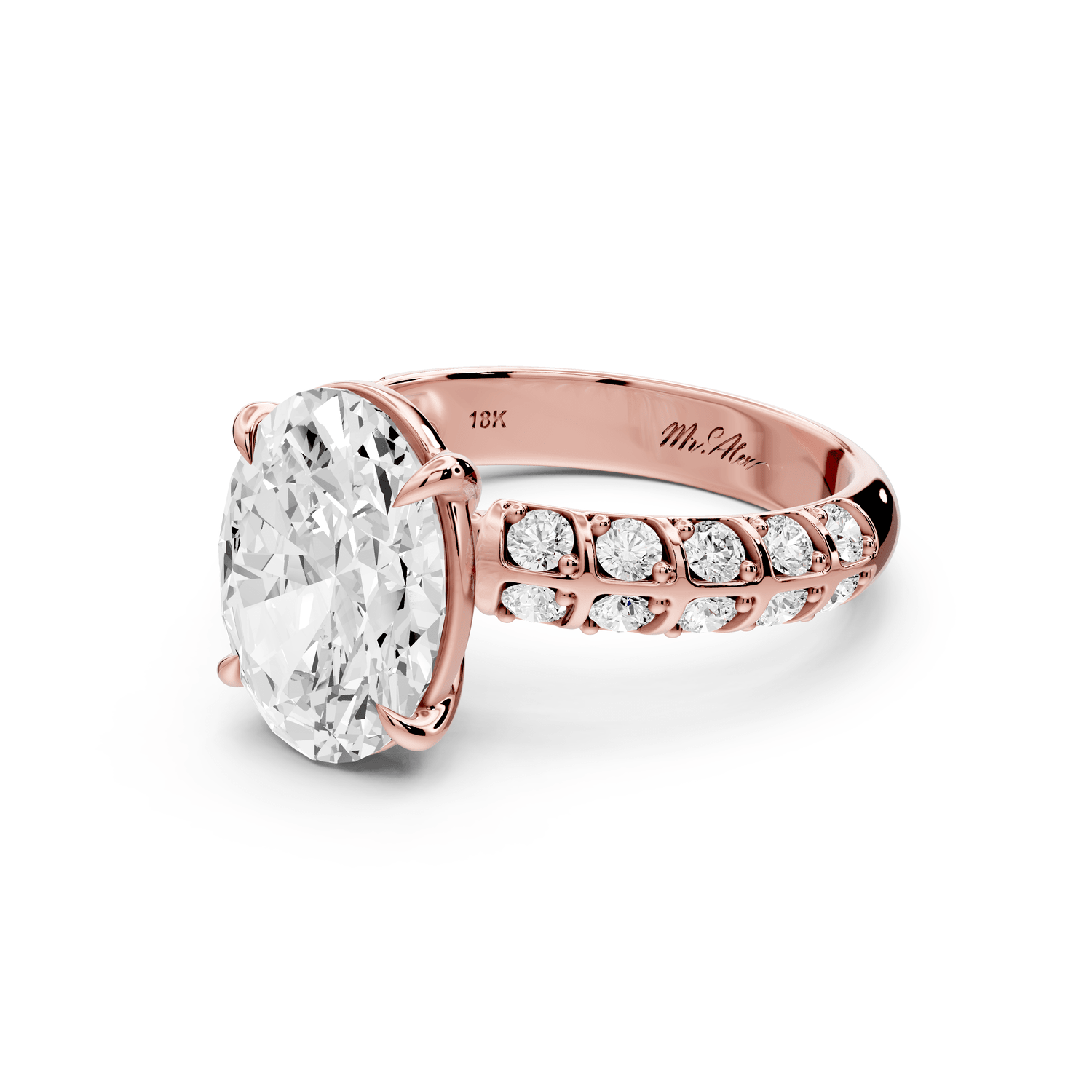 Jessica - 3ct 18k rose gold Oval Split-Shank Engagement Ring with Double-Row Shared-Prong Pavé Band - Mr. Alex Jewelry