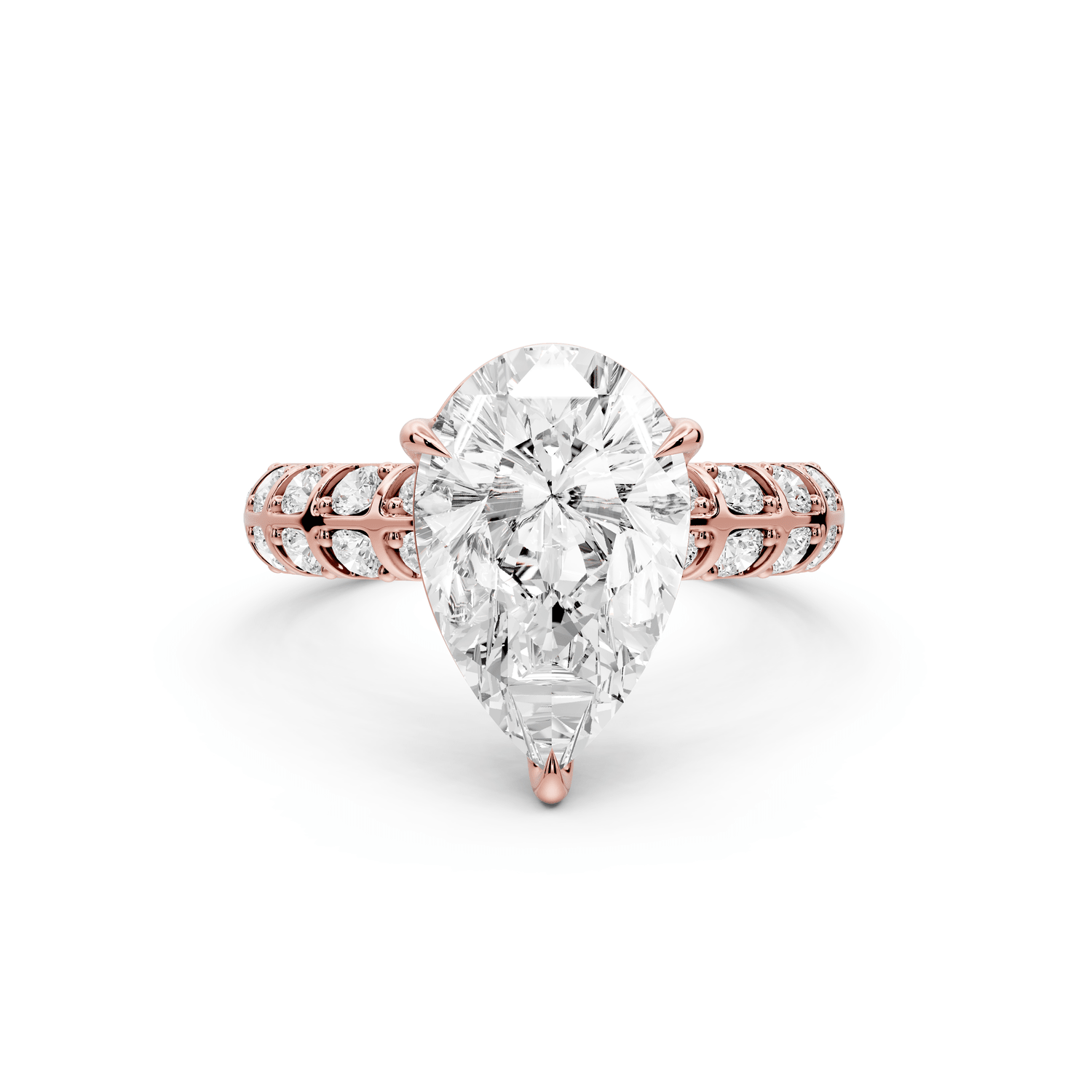 Jessica - 3ct 18k rose gold Pear Split-Shank Engagement Ring with Double-Row Shared-Prong Pavé Band - Mr. Alex Jewelry