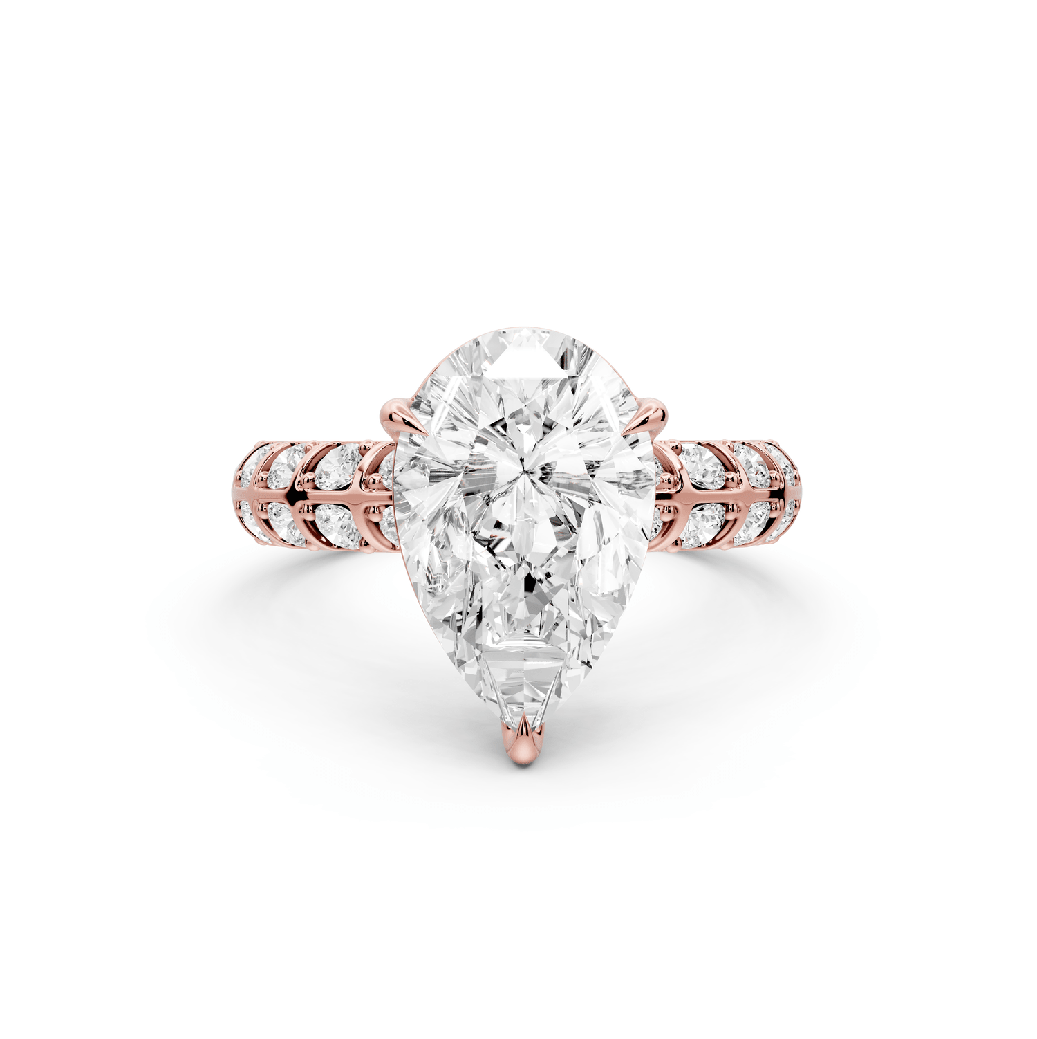 Jessica - 3ct 18k rose gold Pear Split-Shank Engagement Ring with Double-Row Shared-Prong Pavé Band - Mr. Alex Jewelry