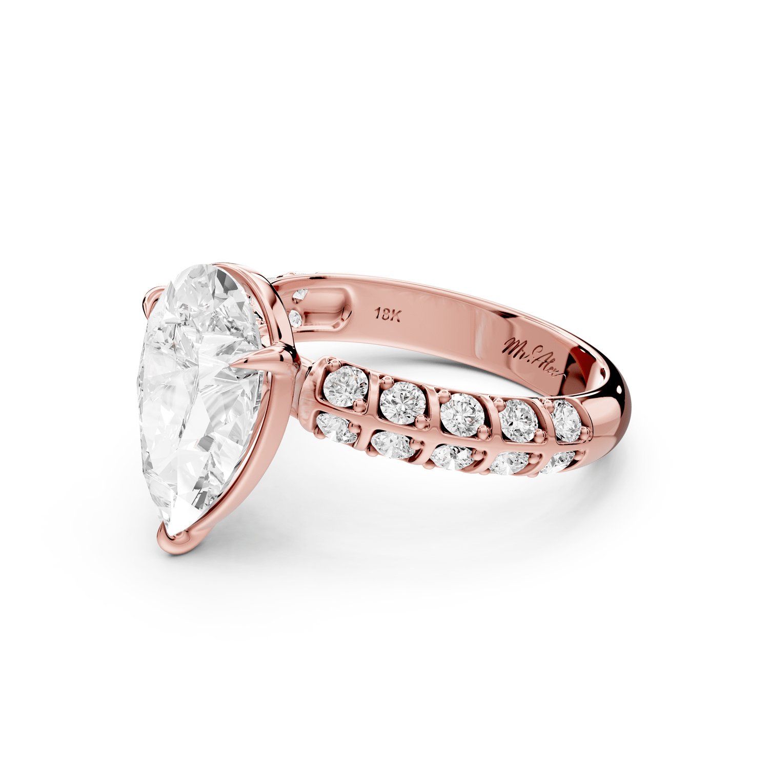 Jessica - 3ct 18k rose gold Pear Split-Shank Engagement Ring with Double-Row Shared-Prong Pavé Band - Mr. Alex Jewelry