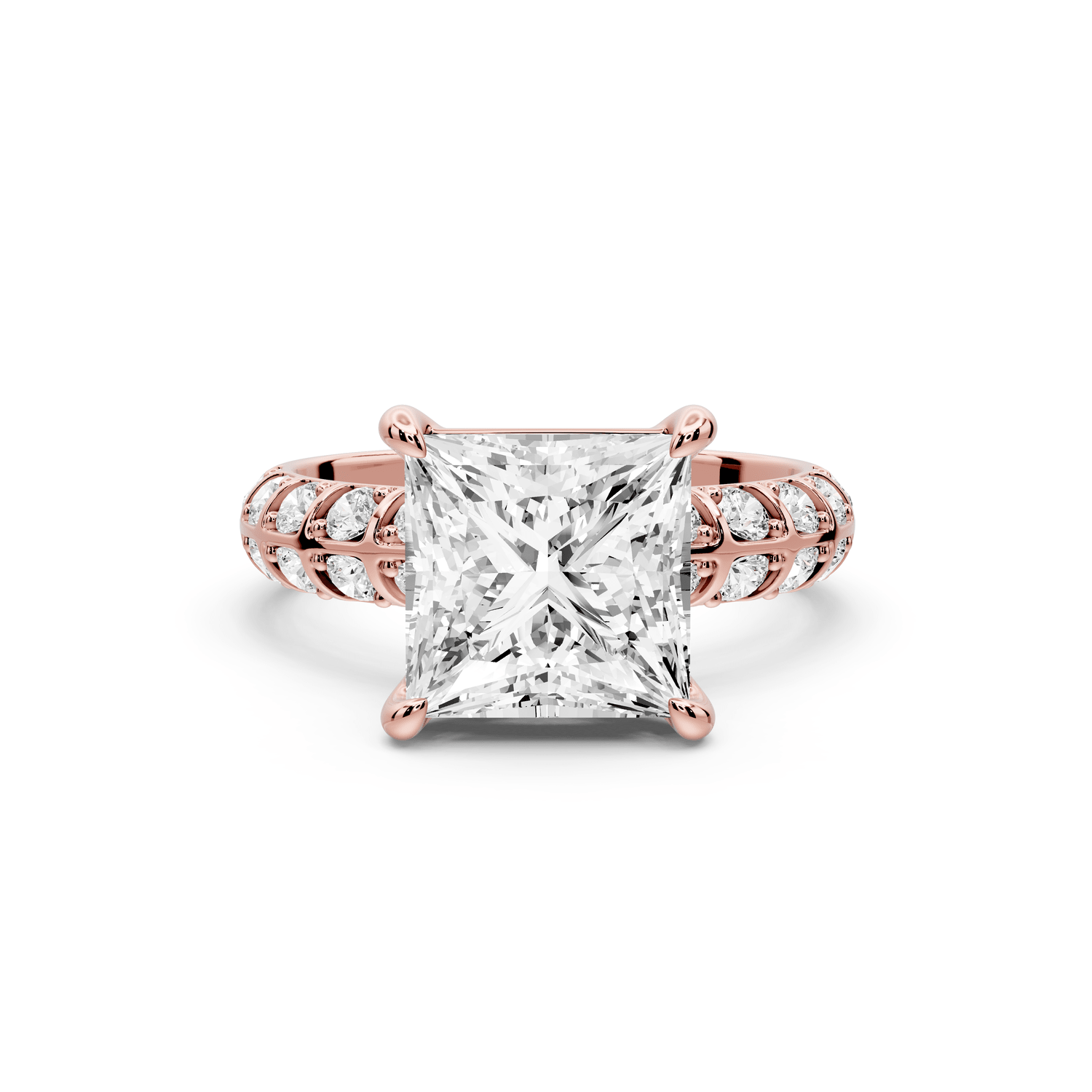 Jessica - 3ct 18k rose gold Princess Split-Shank Engagement Ring with Double-Row Shared-Prong Pavé Band - Mr. Alex Jewelry