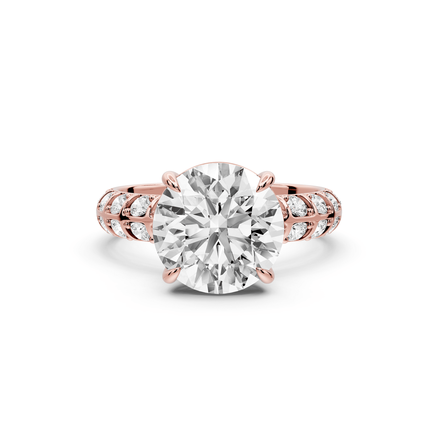 Jessica - 3ct 18k rose gold Round Split-Shank Engagement Ring with Double-Row Shared-Prong Pavé Band - Mr. Alex Jewelry