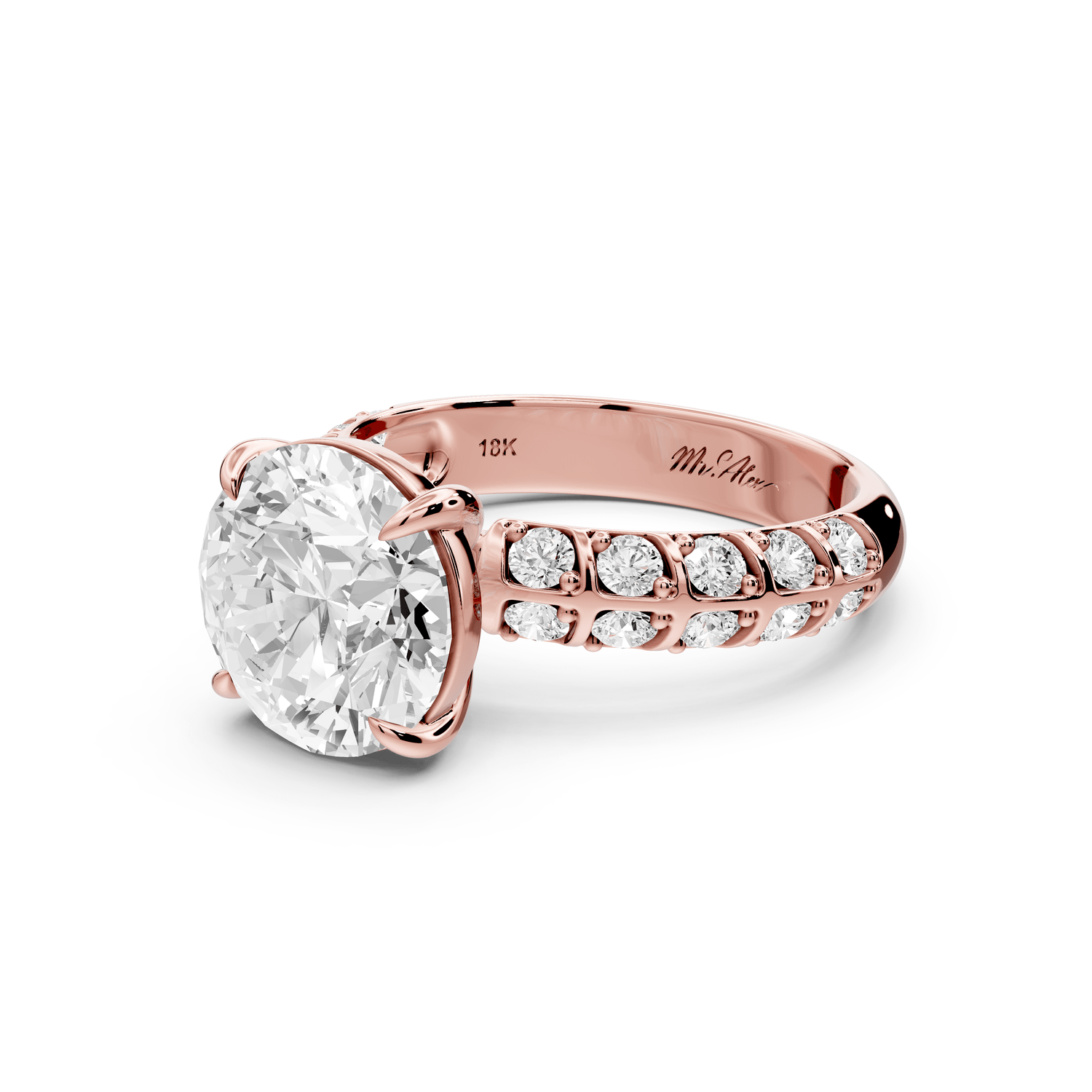 Jessica - 3ct 18k rose gold Round Split-Shank Engagement Ring with Double-Row Shared-Prong Pavé Band - Mr. Alex Jewelry